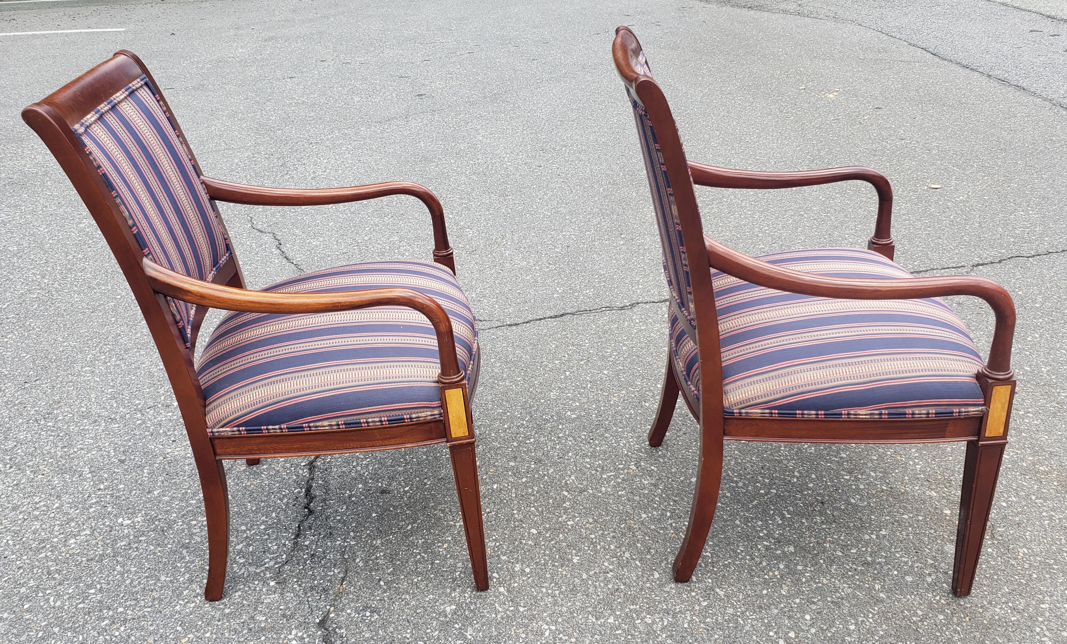 20th Century Pair Hickory Chair Federal Style Upholstered Mahogany Armchairs