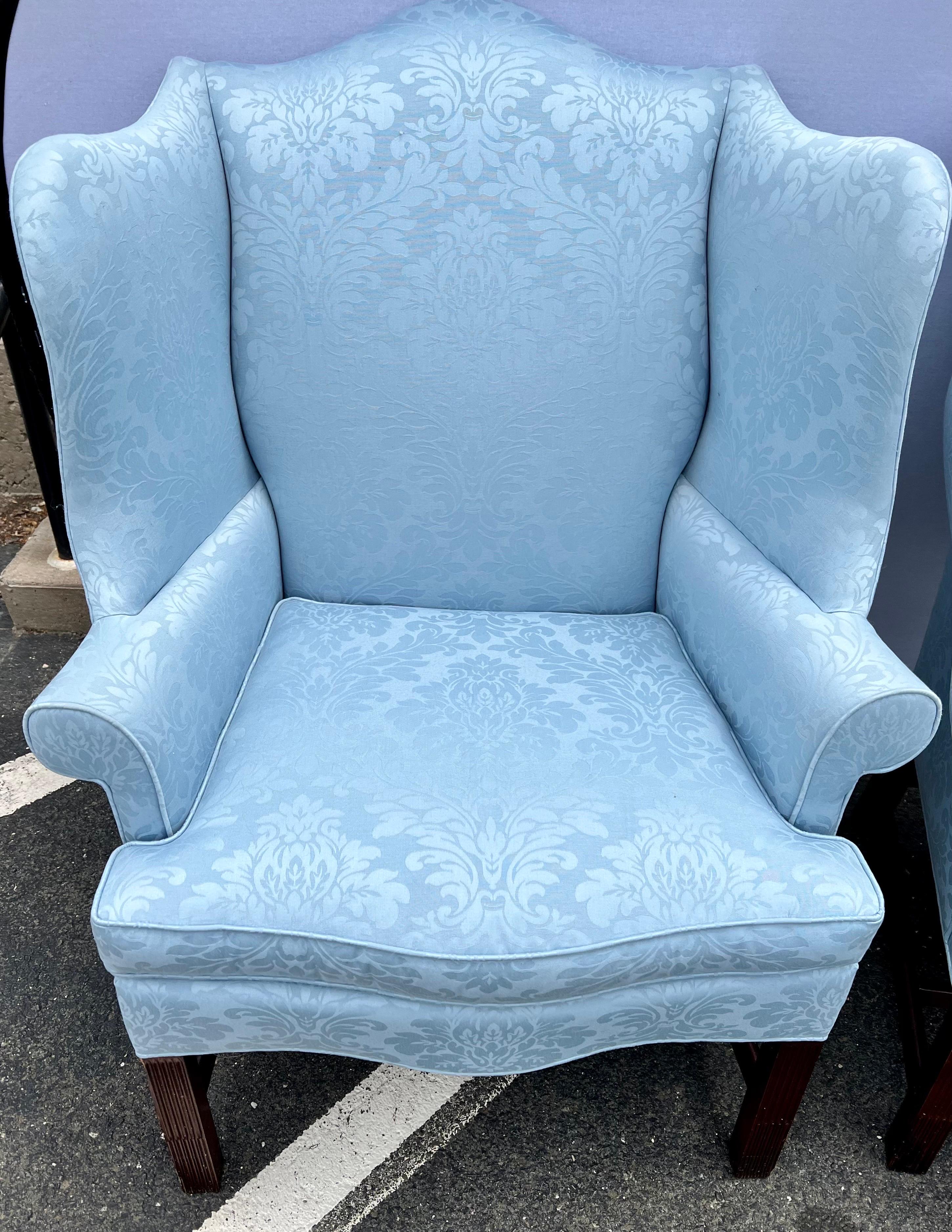 American Pair Hickory Grand Wingback Reading Chairs with Tiffany Blue Upholstery