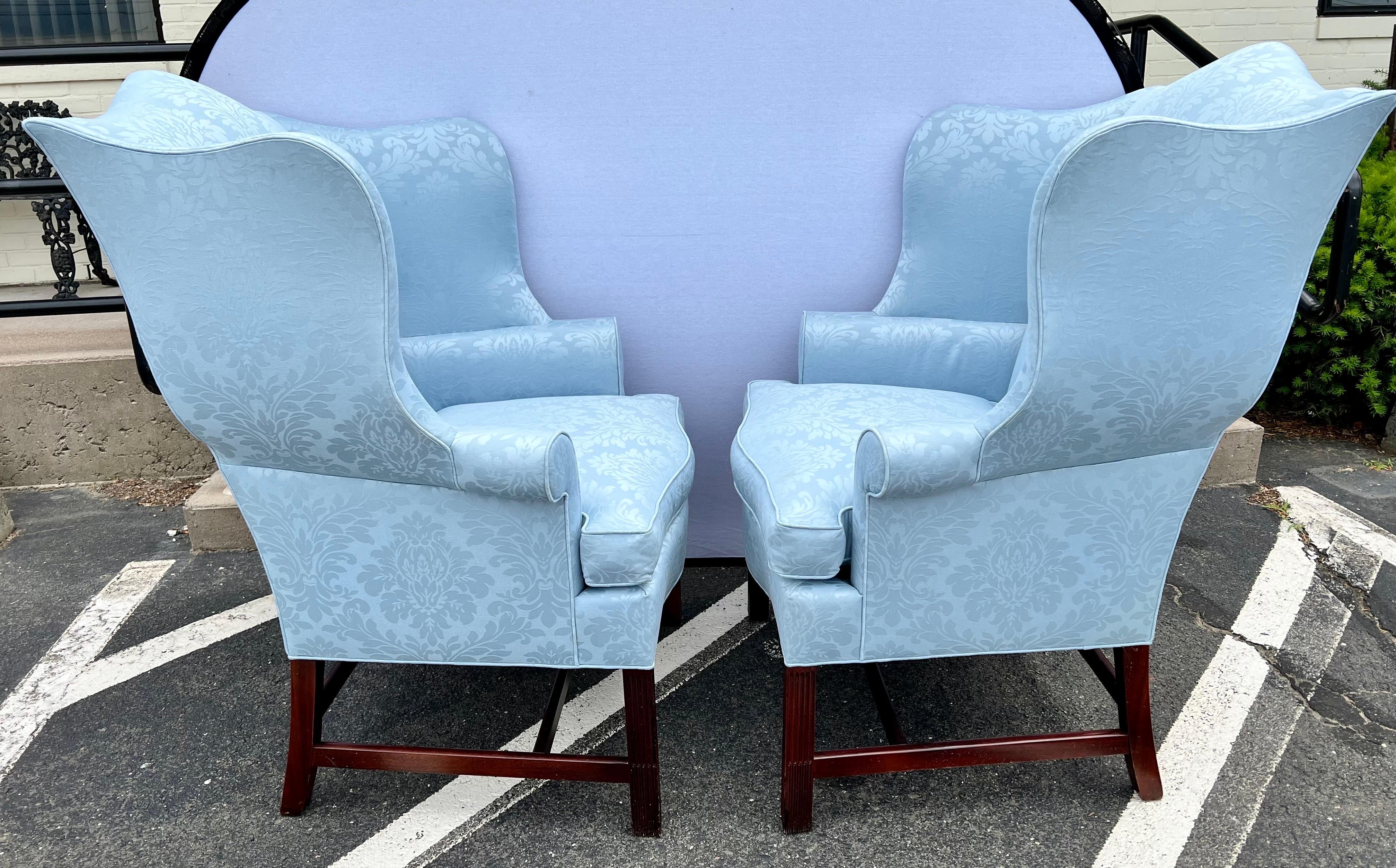 Pair Hickory Grand Wingback Reading Chairs with Tiffany Blue Upholstery In Good Condition In West Hartford, CT