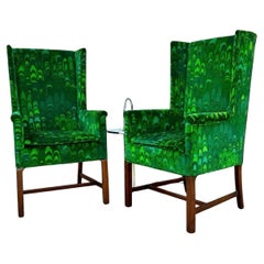 Pair Hickory High Back Square Wing Back Chairs Jack Lenor Larsen