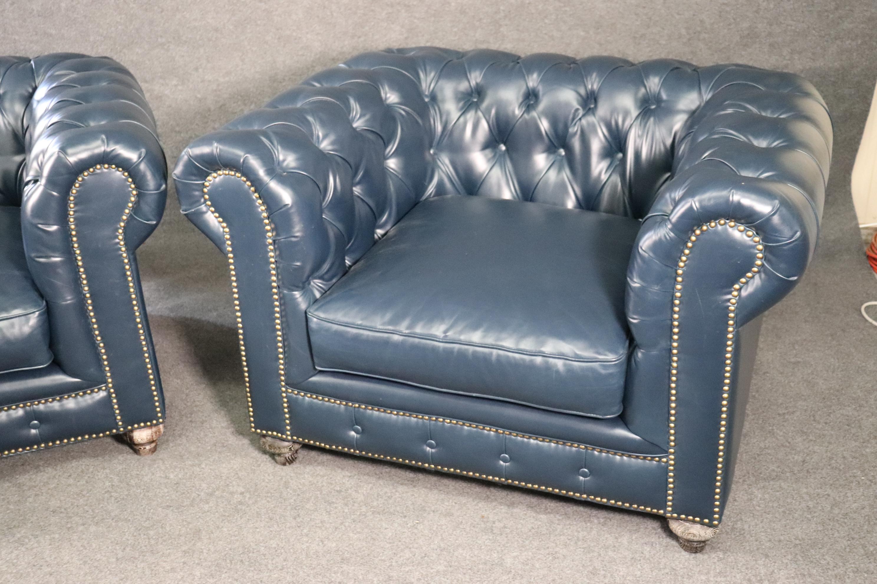 Pair High Quality Genuine Top Grain Leather Chesterfield Club Chairs Navy Blue 5
