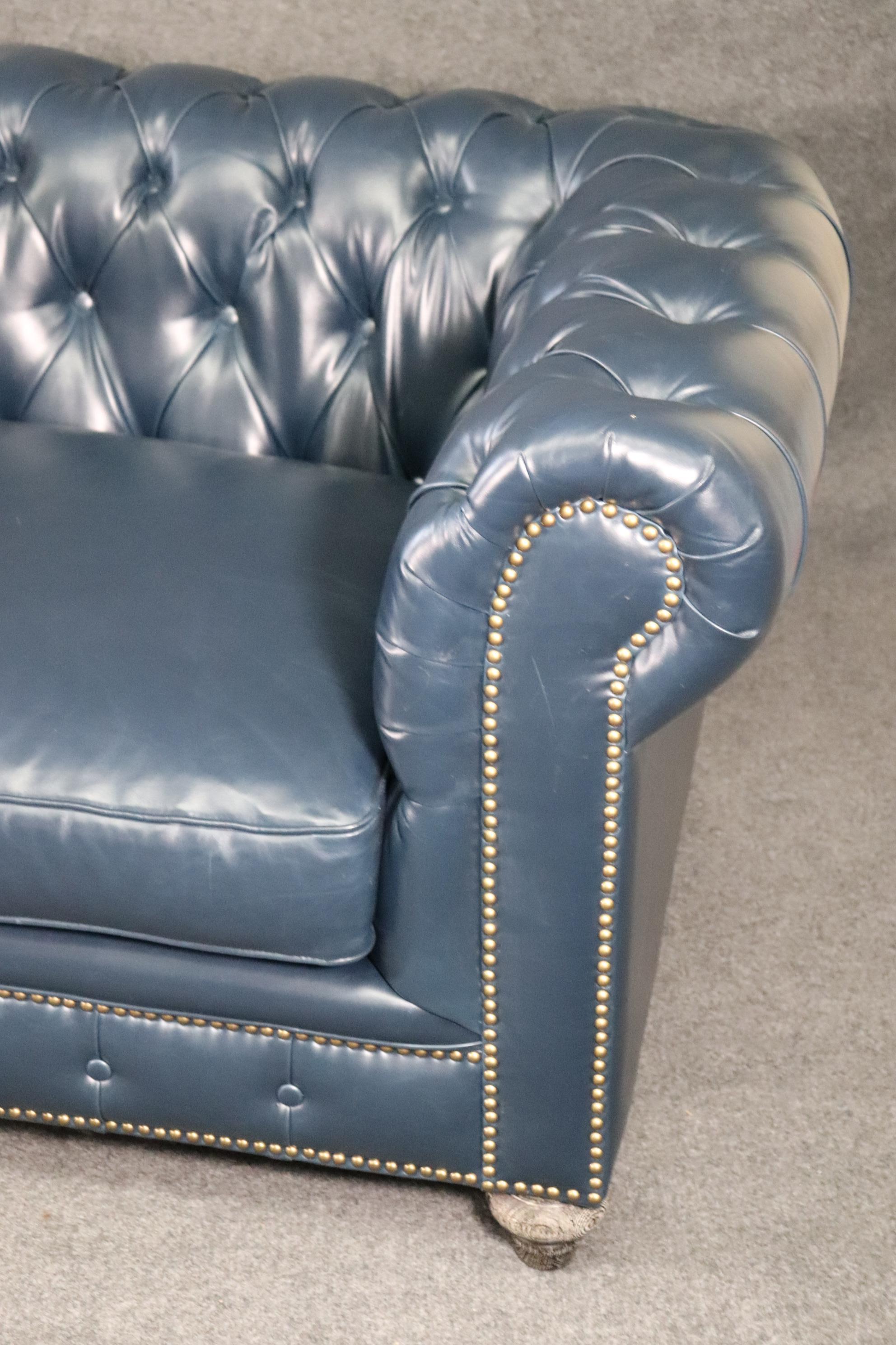 Pair High Quality Genuine Top Grain Leather Chesterfield Club Chairs Navy Blue 6