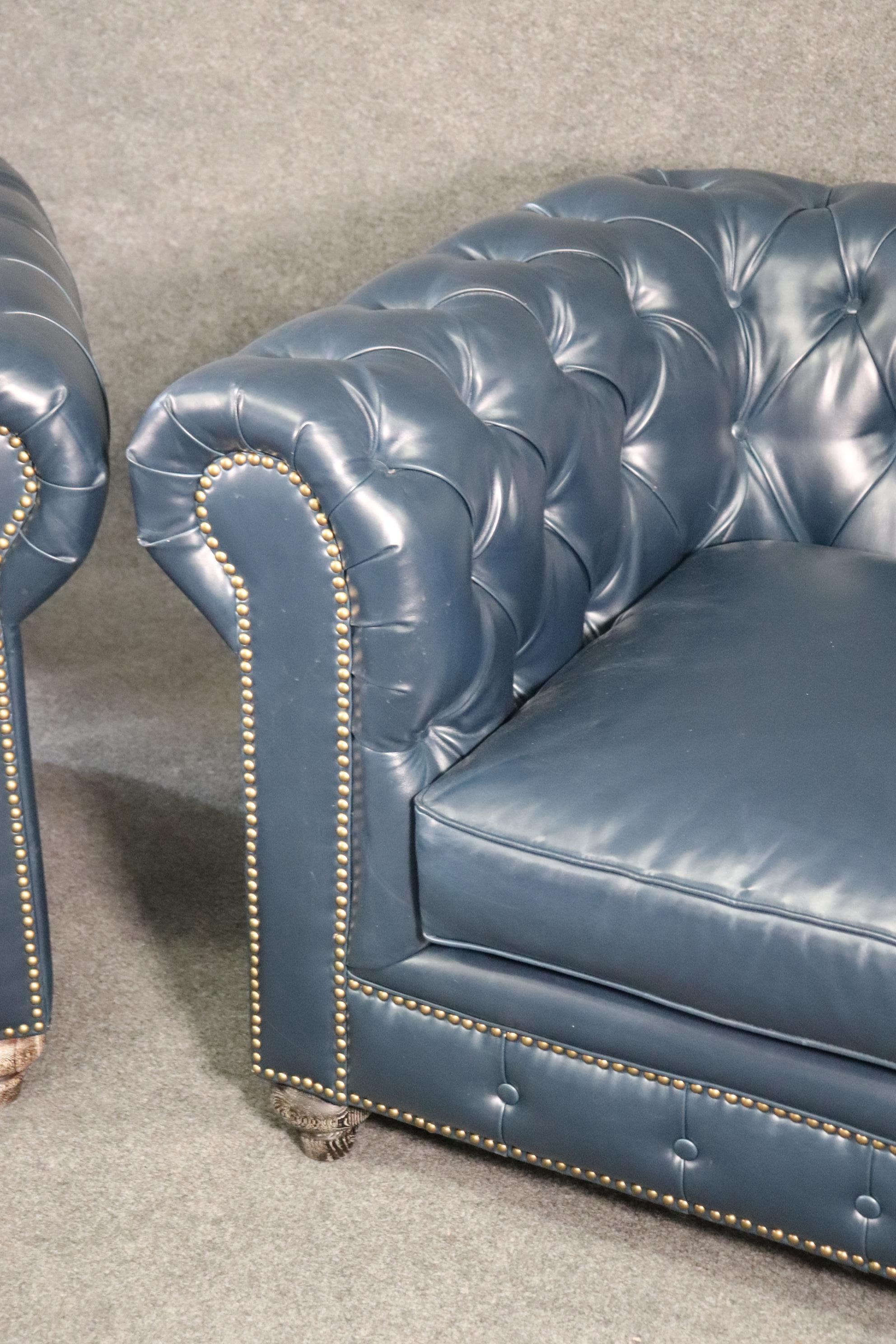 Pair High Quality Genuine Top Grain Leather Chesterfield Club Chairs Navy Blue 7