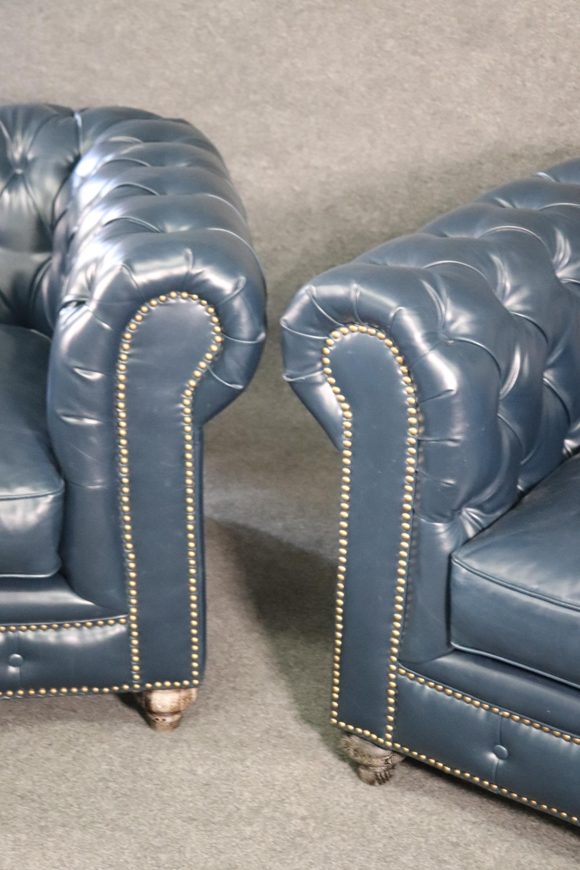 Pair High Quality Genuine Top Grain Leather Chesterfield Club Chairs Navy Blue 8