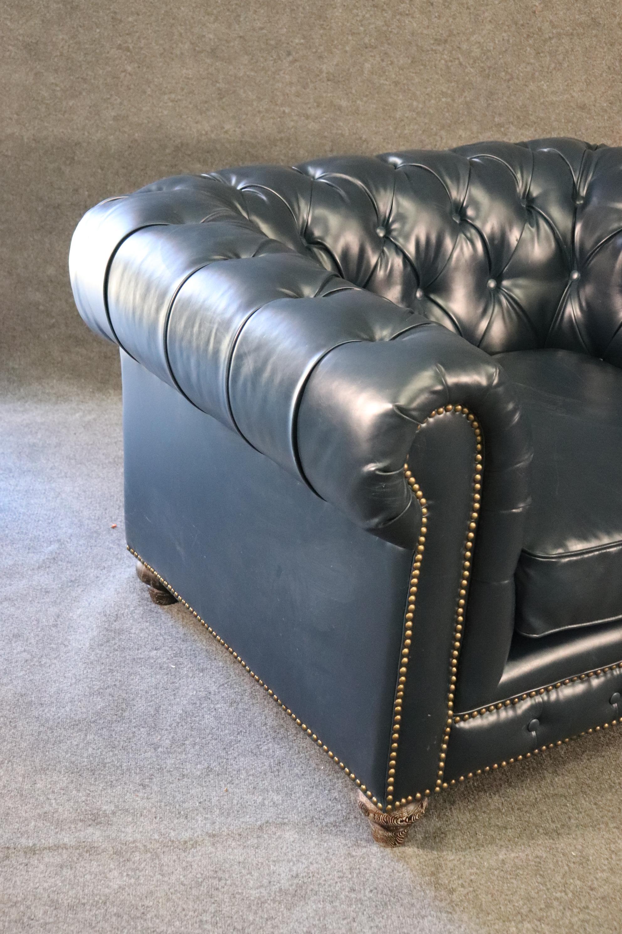 Pair High Quality Genuine Top Grain Leather Chesterfield Club Chairs Navy Blue 9