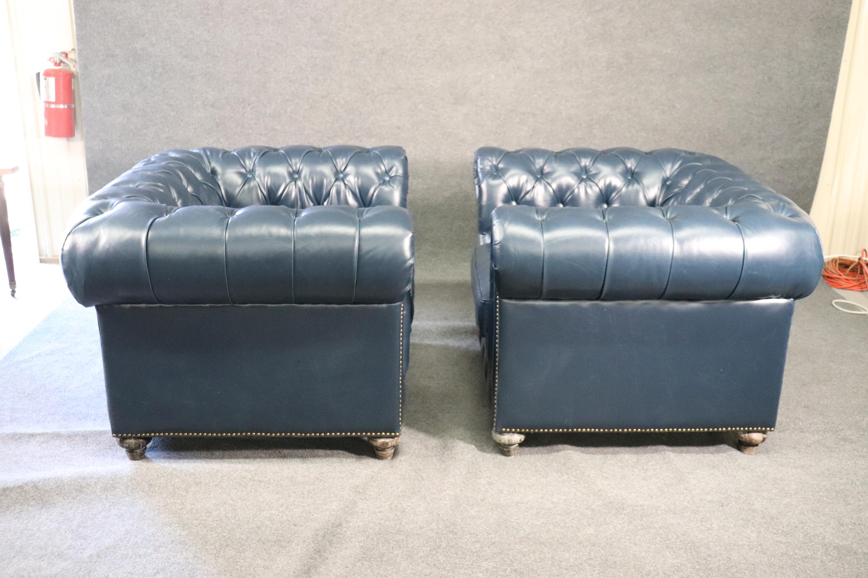 Pair High Quality Genuine Top Grain Leather Chesterfield Club Chairs Navy Blue 10