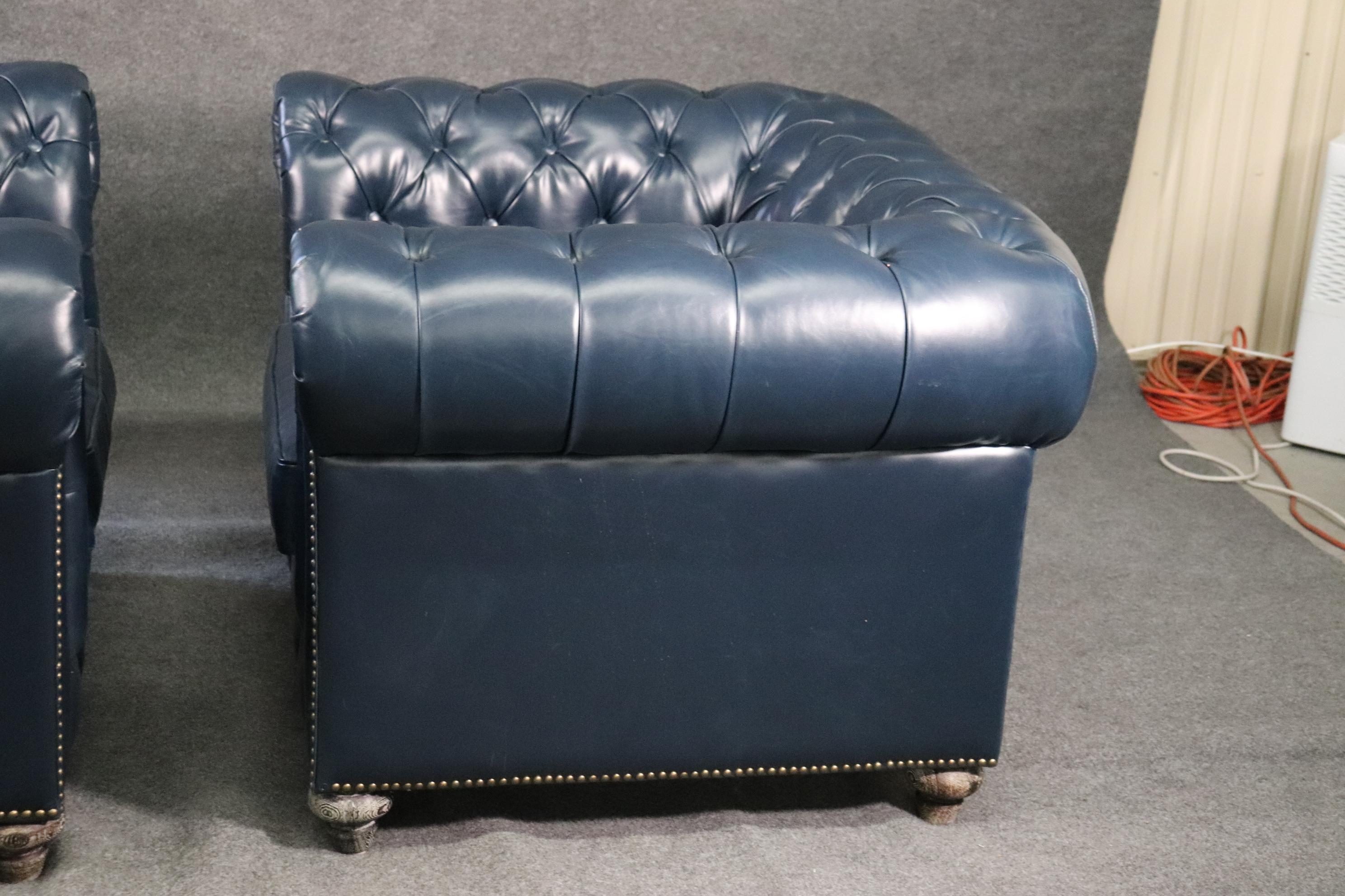Pair High Quality Genuine Top Grain Leather Chesterfield Club Chairs Navy Blue 11