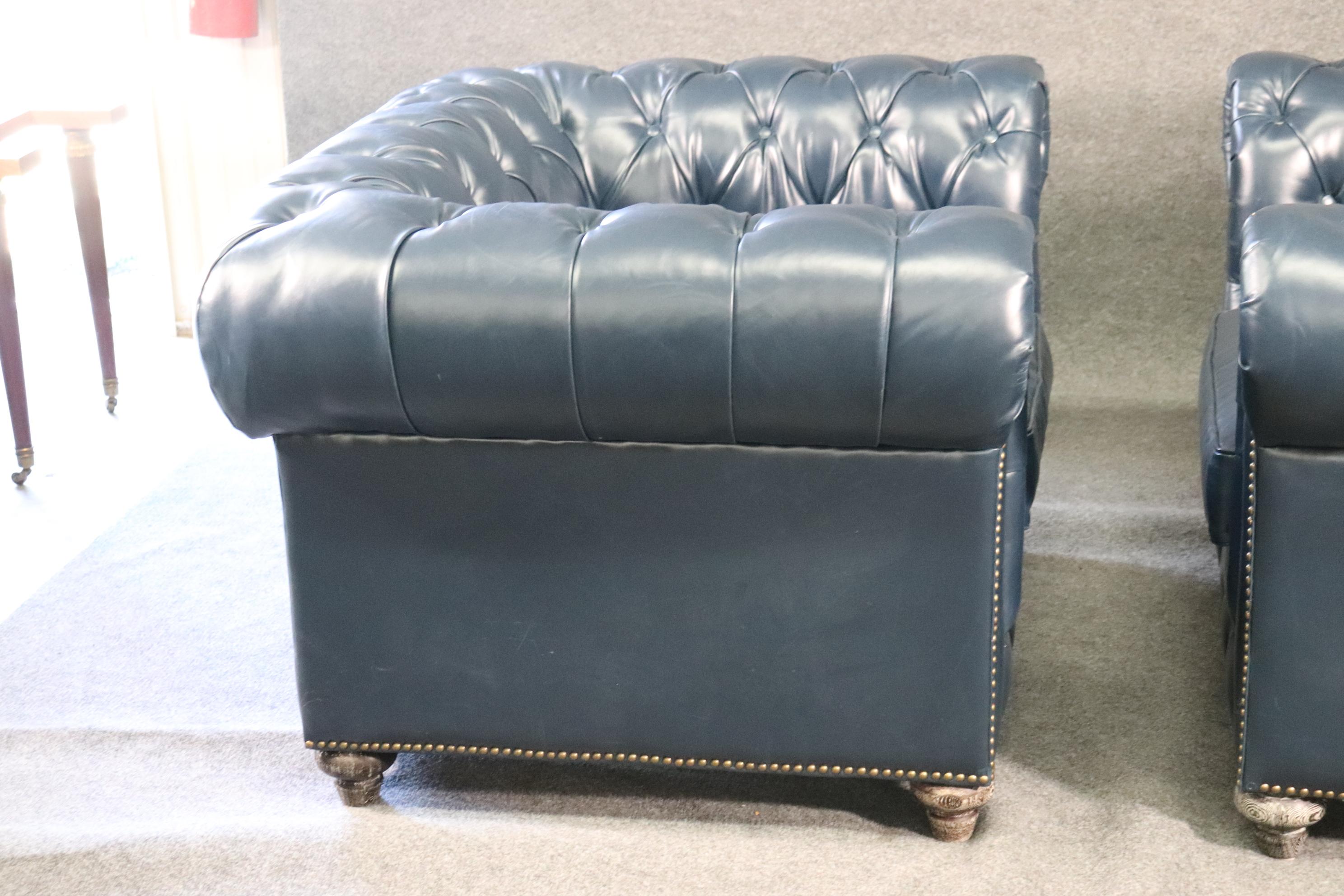 Pair High Quality Genuine Top Grain Leather Chesterfield Club Chairs Navy Blue 12