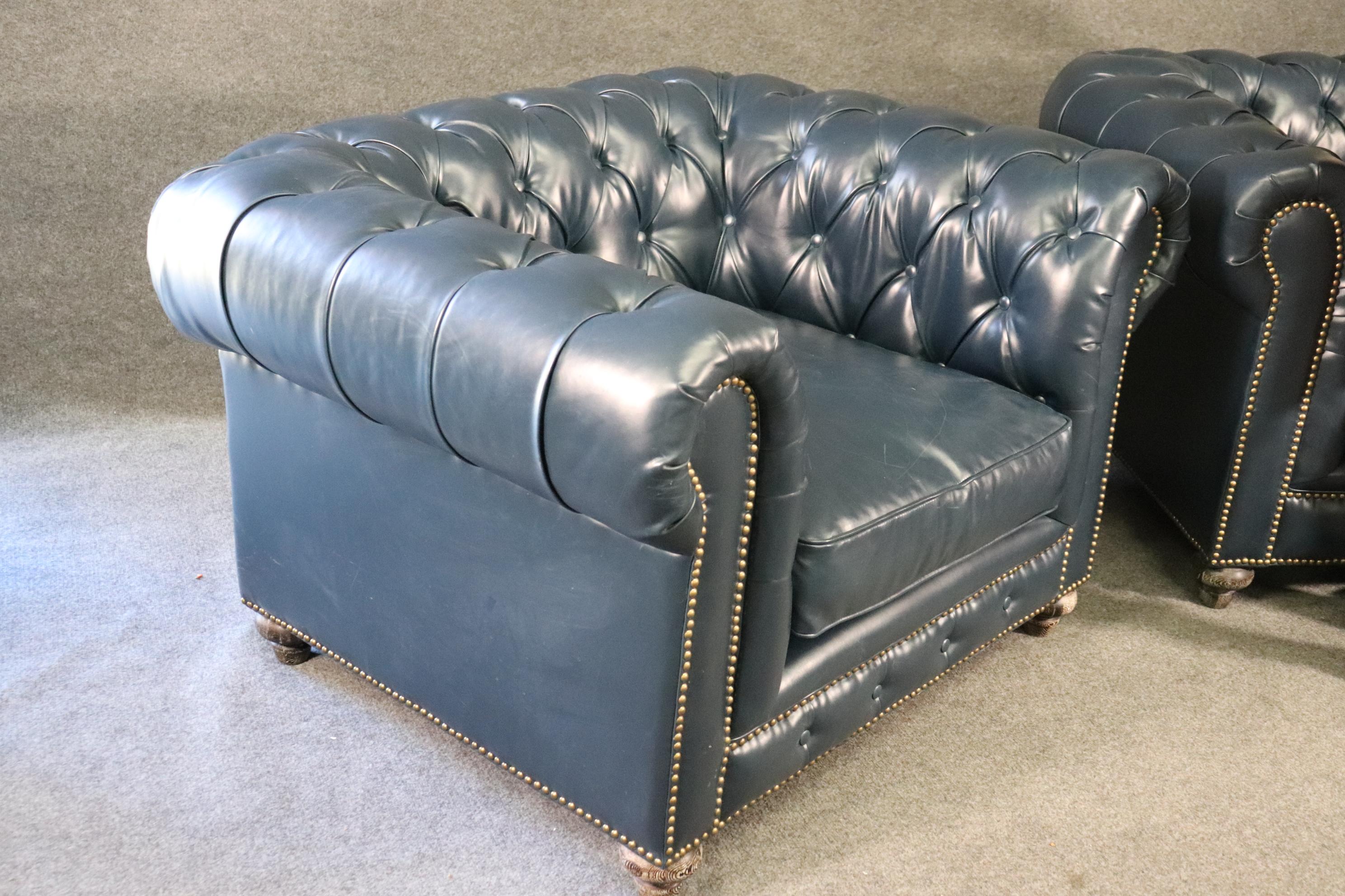 Unknown Pair High Quality Genuine Top Grain Leather Chesterfield Club Chairs Navy Blue