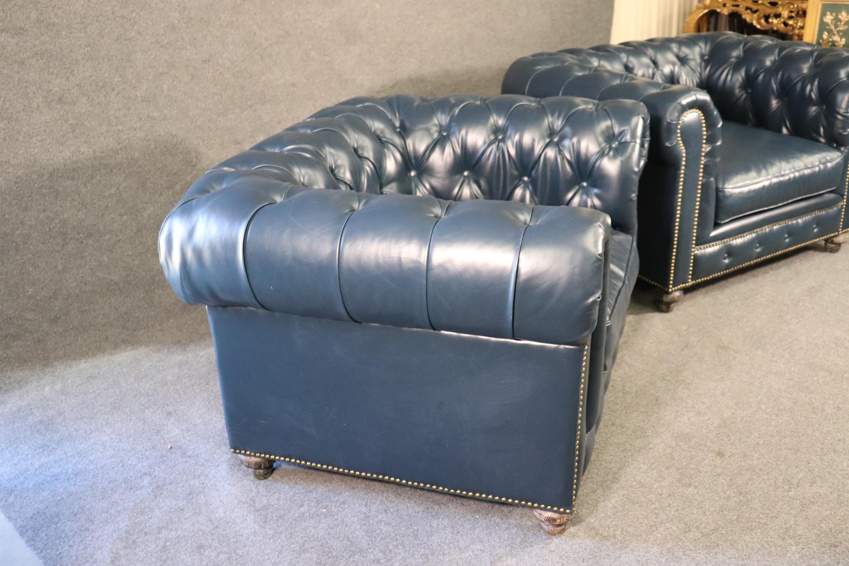 Pair High Quality Genuine Top Grain Leather Chesterfield Club Chairs Navy Blue In Distressed Condition In Swedesboro, NJ