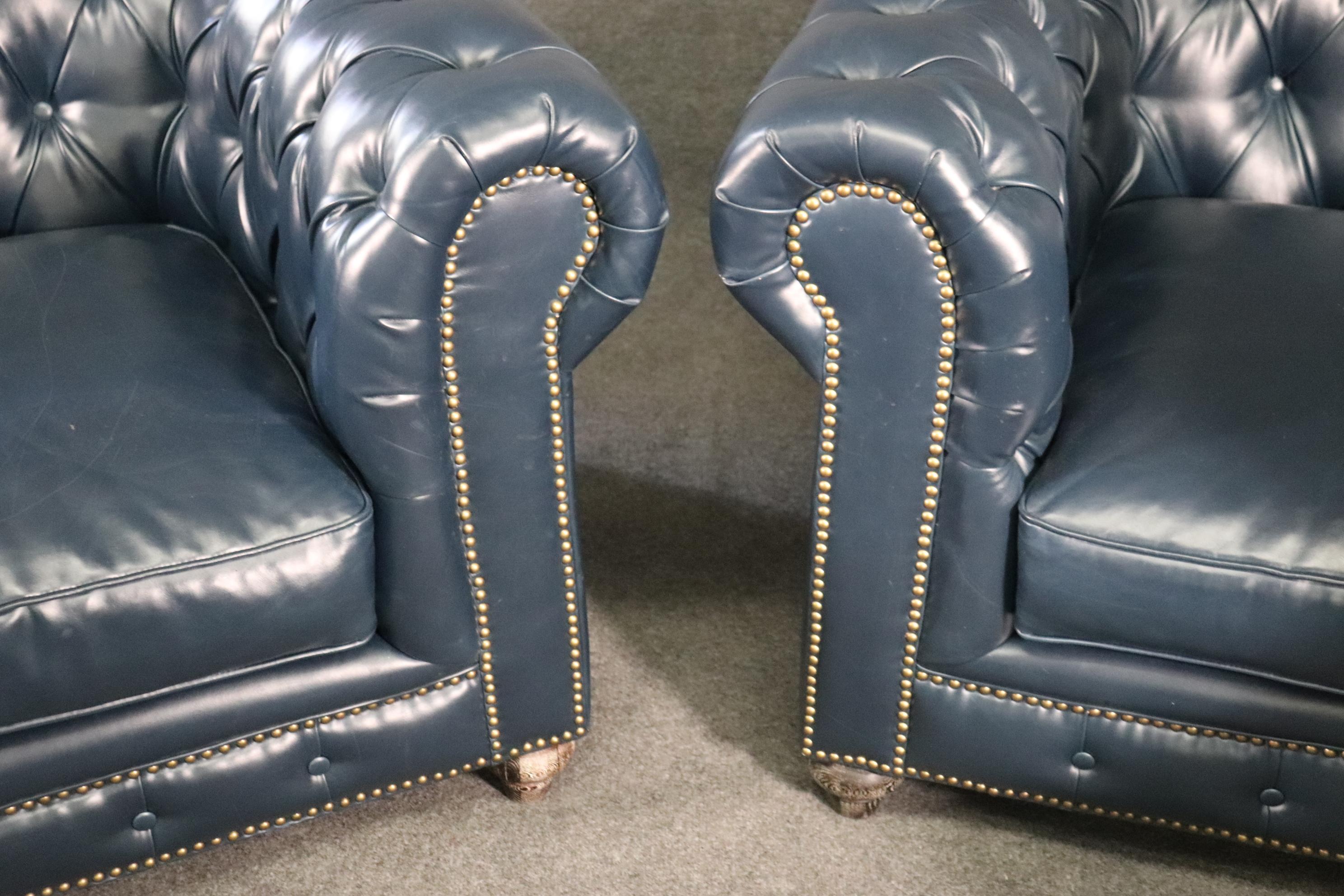 Pair High Quality Genuine Top Grain Leather Chesterfield Club Chairs Navy Blue 4