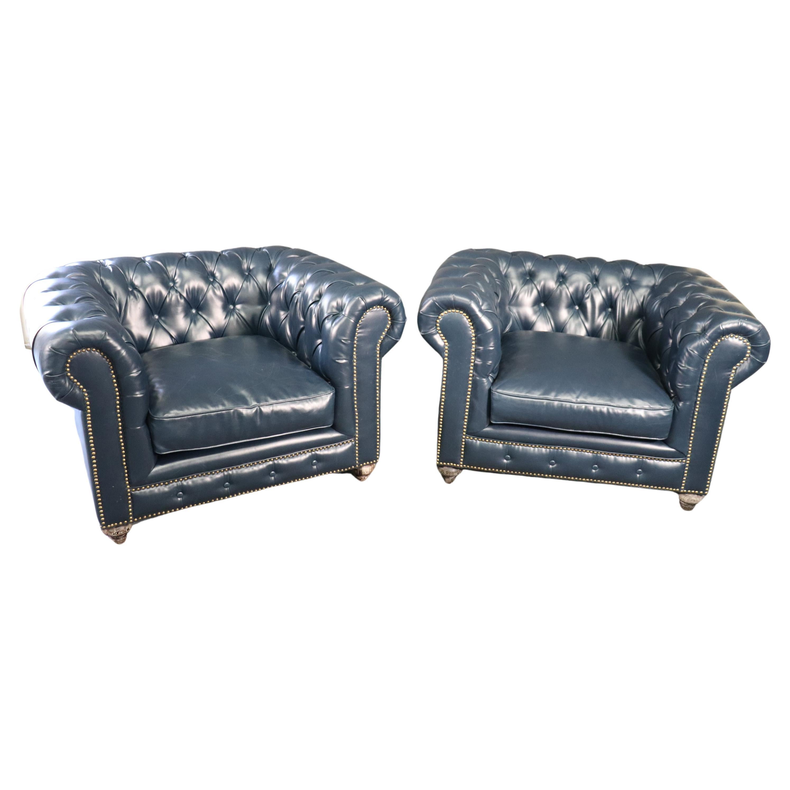 Pair High Quality Genuine Top Grain Leather Chesterfield Club Chairs Navy Blue