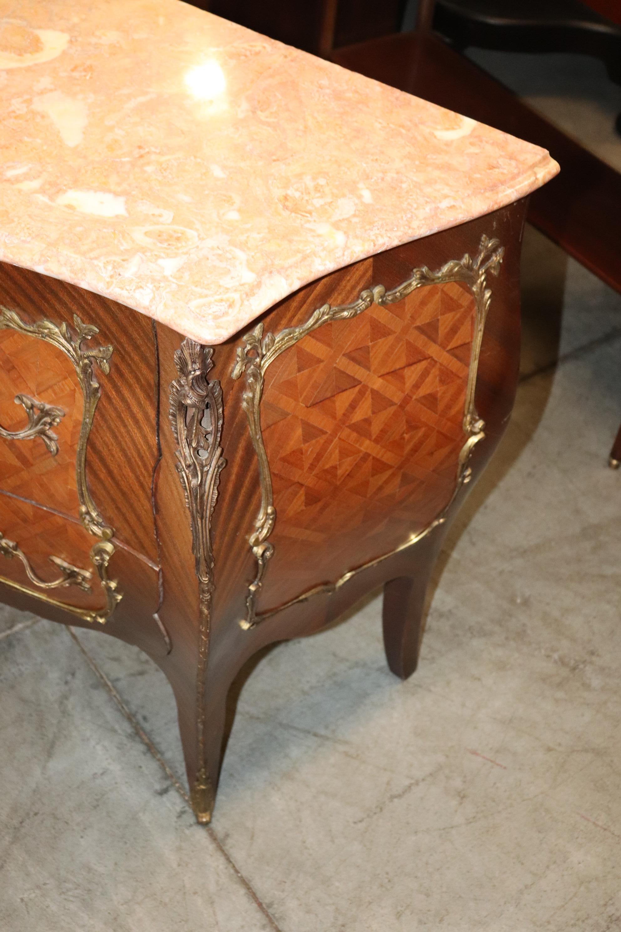 Pair Highly Ornamented Bronze Mounted Mahogany Marquetry Marble Top Nightstands 5