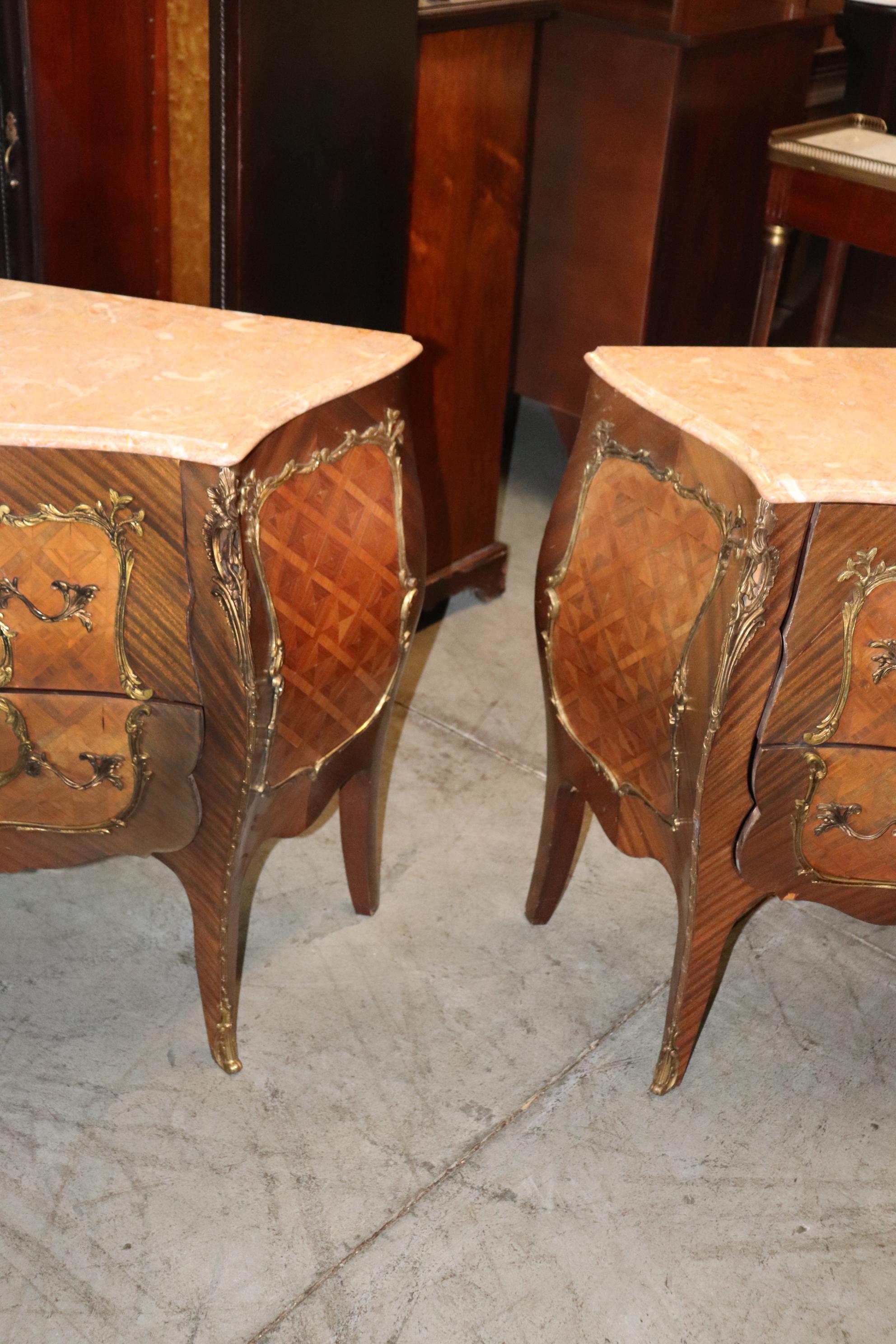 Pair Highly Ornamented Bronze Mounted Mahogany Marquetry Marble Top Nightstands 6