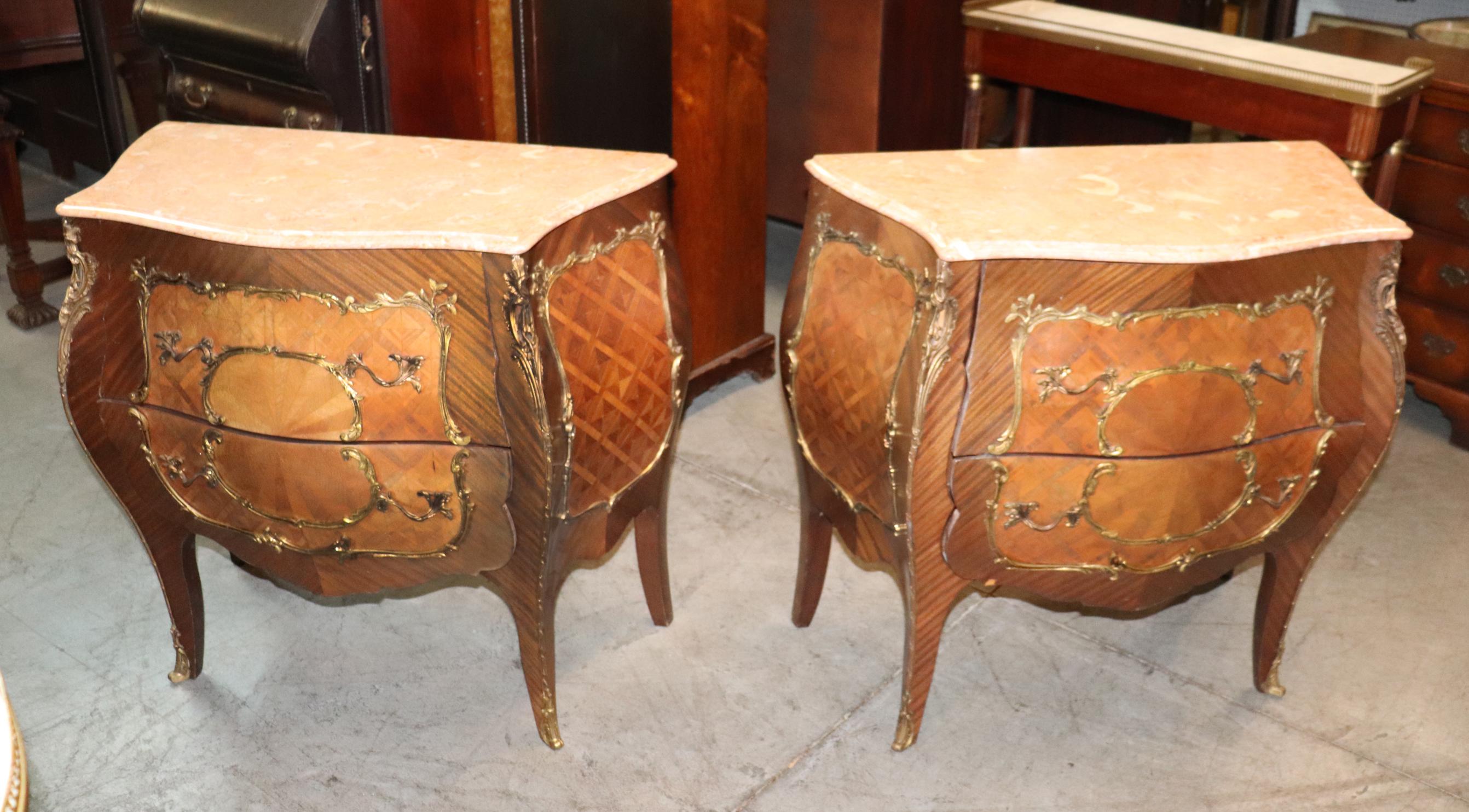 Pair Highly Ornamented Bronze Mounted Mahogany Marquetry Marble Top Nightstands 7