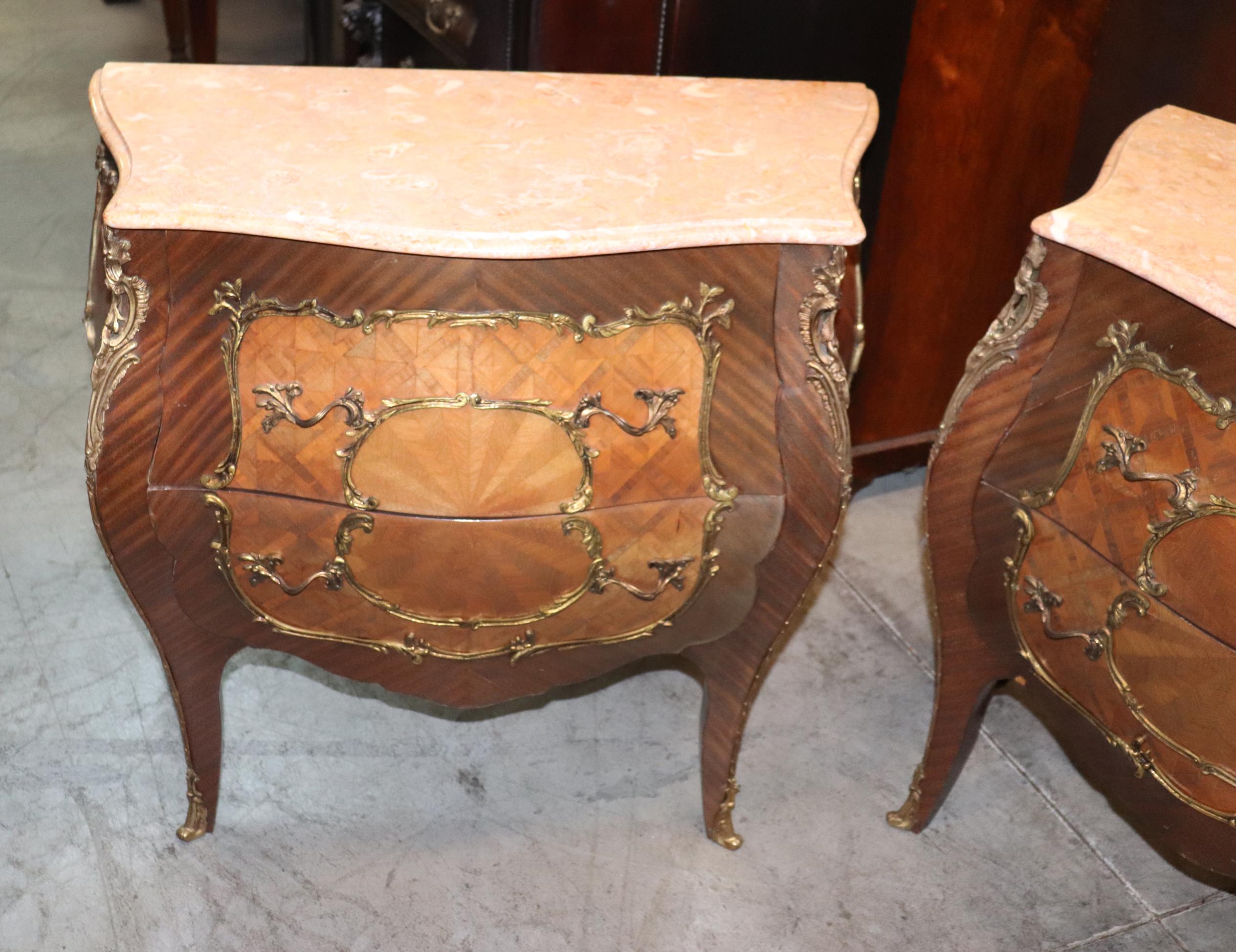 Louis XV Pair Highly Ornamented Bronze Mounted Mahogany Marquetry Marble Top Nightstands