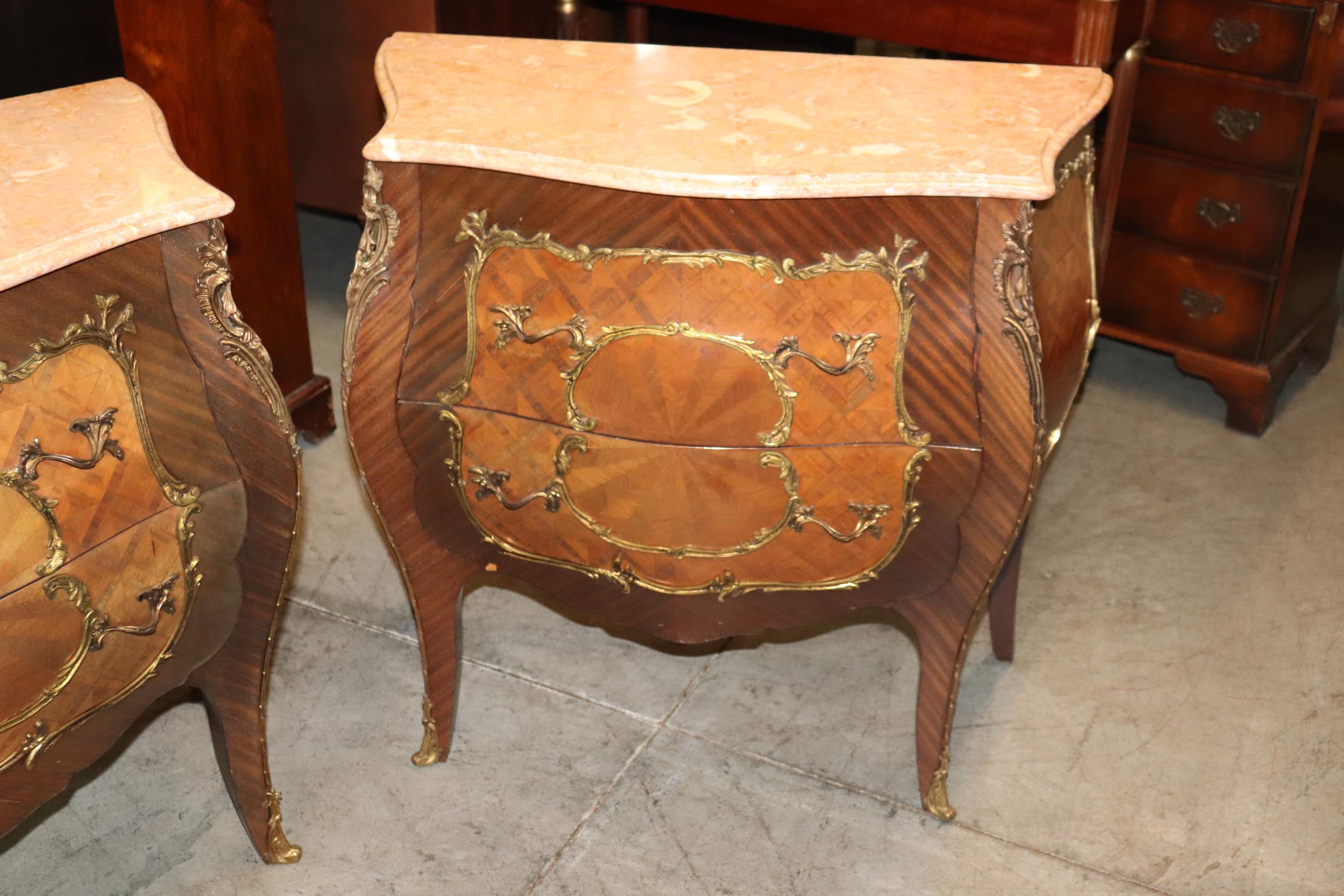 French Pair Highly Ornamented Bronze Mounted Mahogany Marquetry Marble Top Nightstands