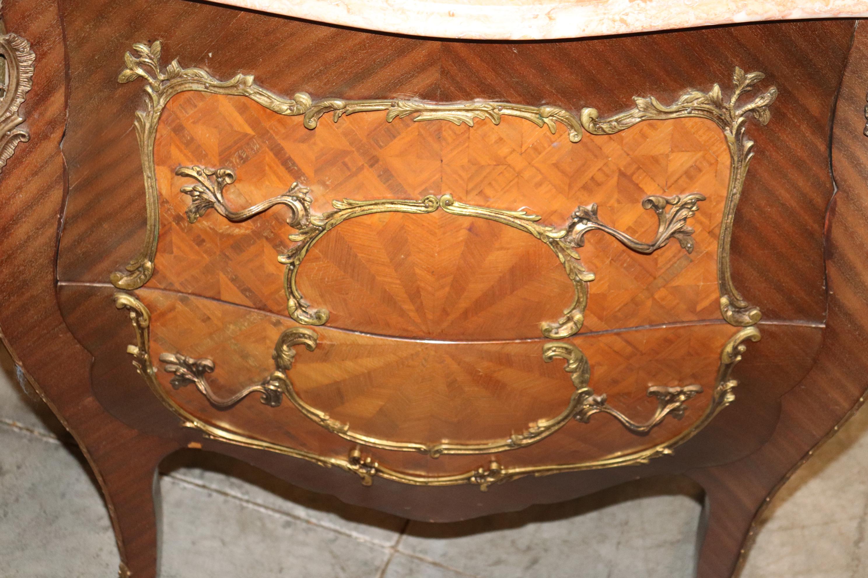 Pair Highly Ornamented Bronze Mounted Mahogany Marquetry Marble Top Nightstands 2