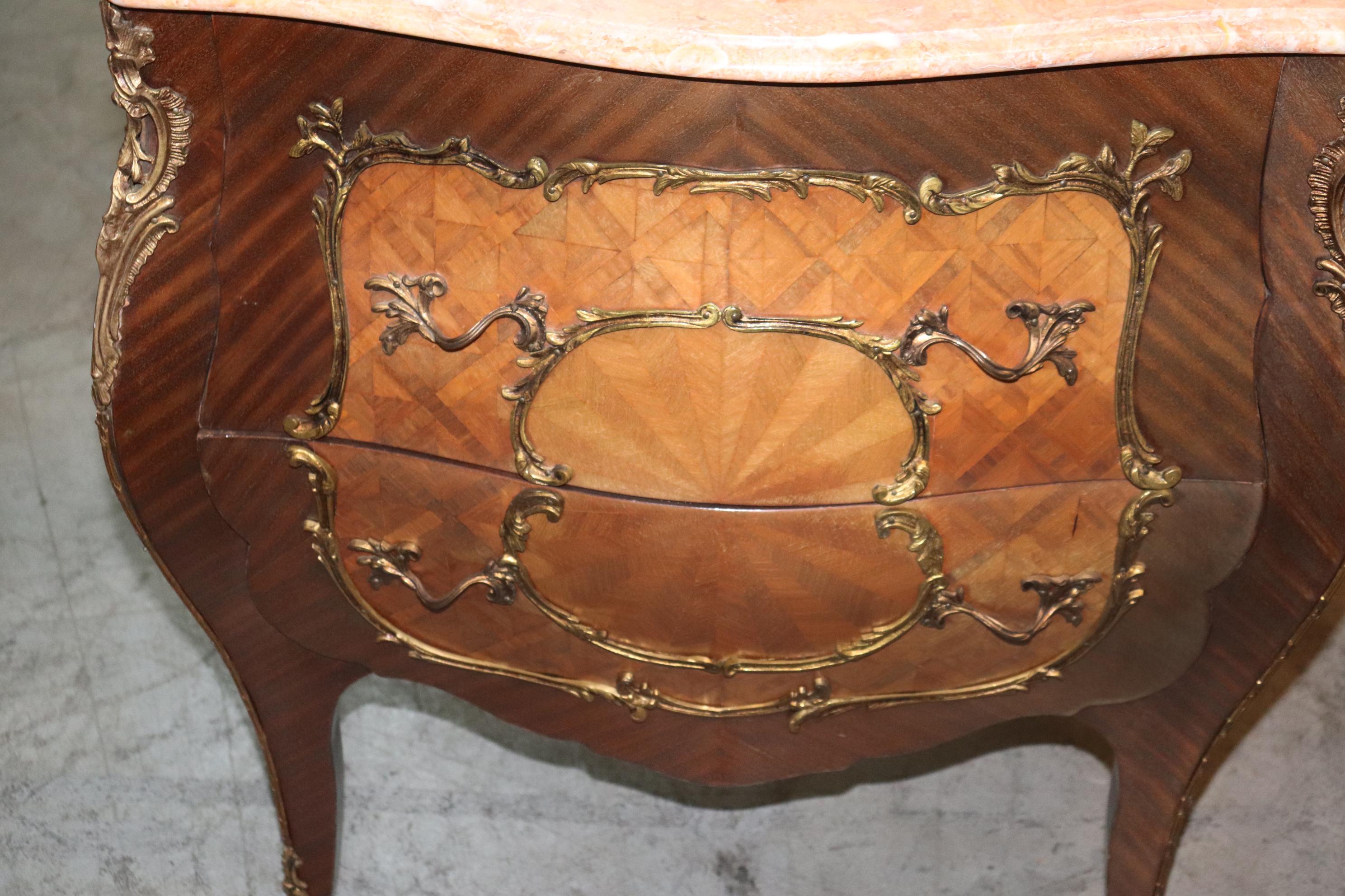 Pair Highly Ornamented Bronze Mounted Mahogany Marquetry Marble Top Nightstands 3