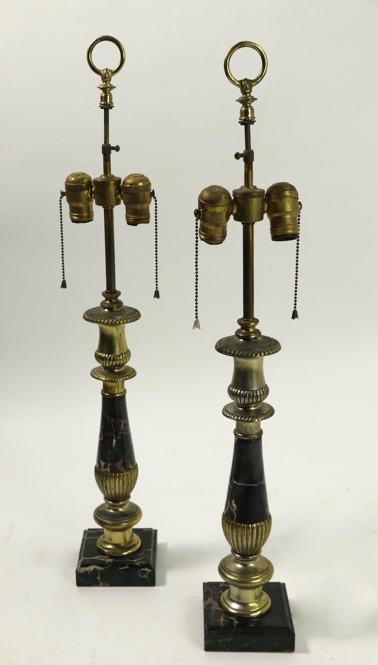 Metal Pair of Hollywood Regency Black Marble Table Lamps