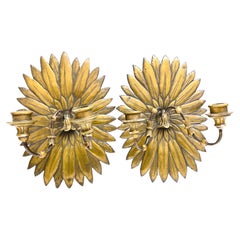 Pair Hollywood Regency Brass Wall Candle Sconces Flower Motif, 1920s