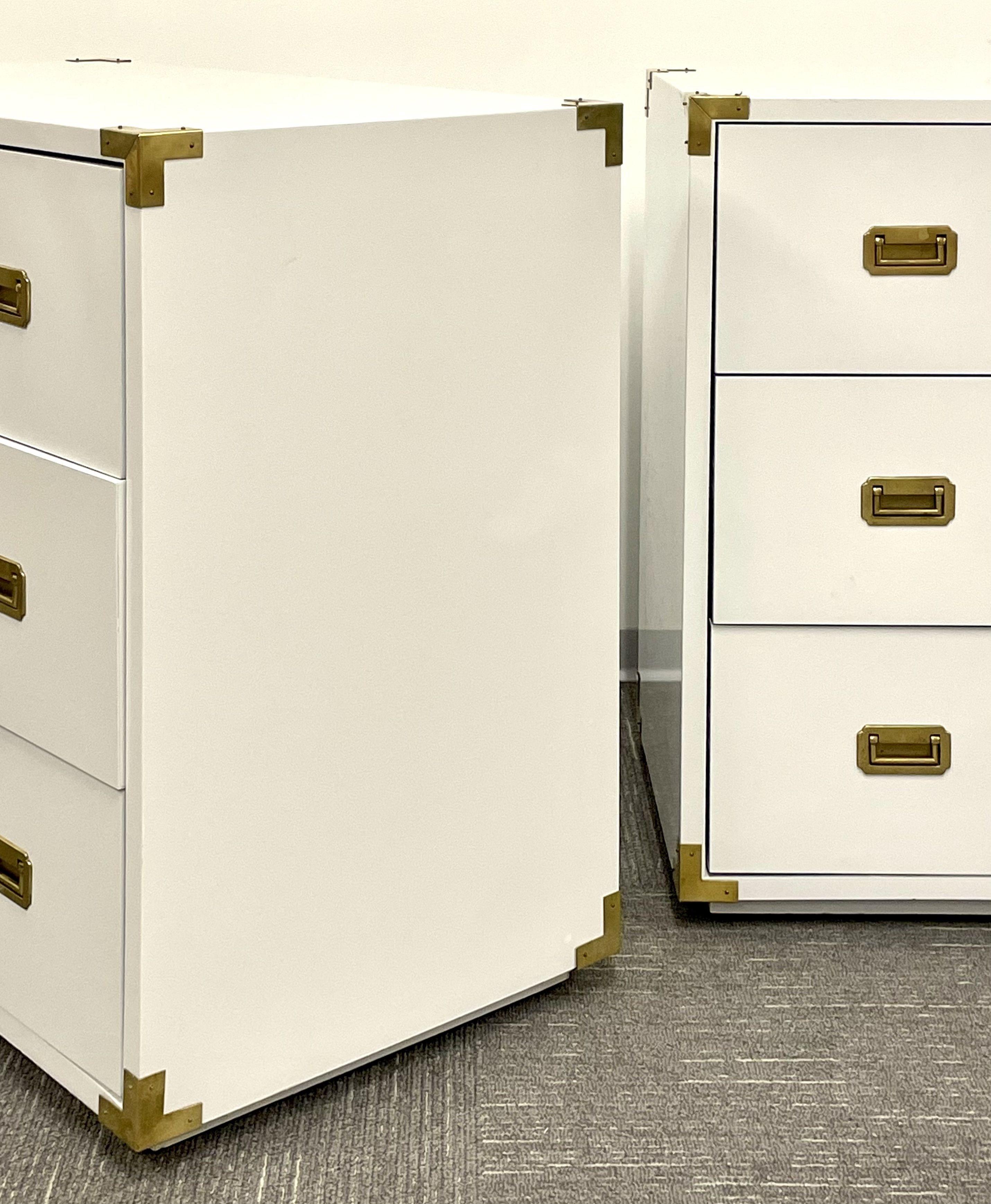 Pair Hollywood Regency Campaign Cabinets, Commodes, Nightstands, White Lacquer 3
