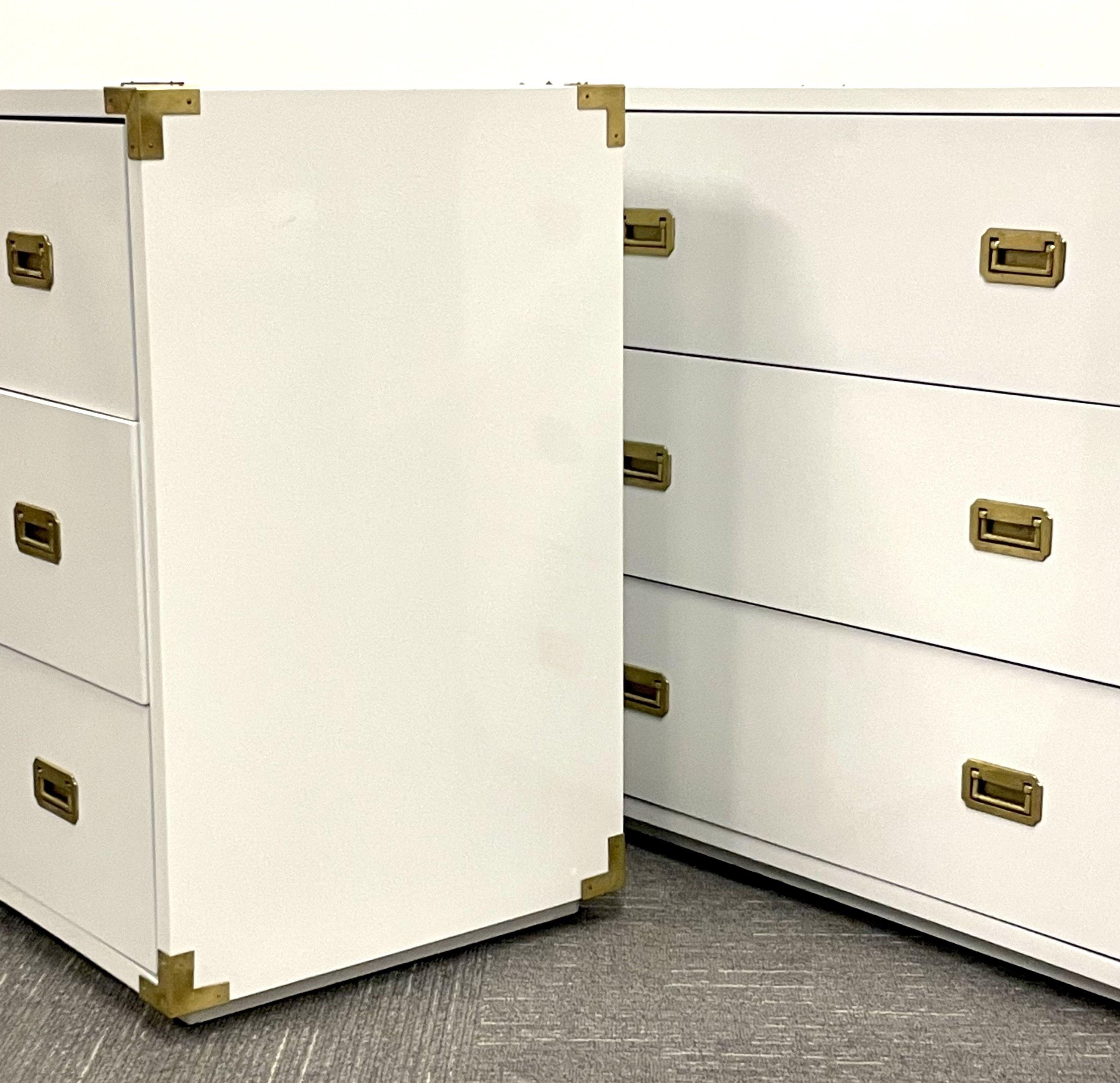 Pair Hollywood Regency Campaign Cabinets, Commodes, Nightstands, White Lacquer 4