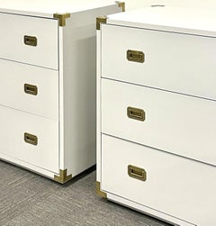 Pair Hollywood Regency Campaign Cabinets, Commodes, Nightstands, White Lacquer