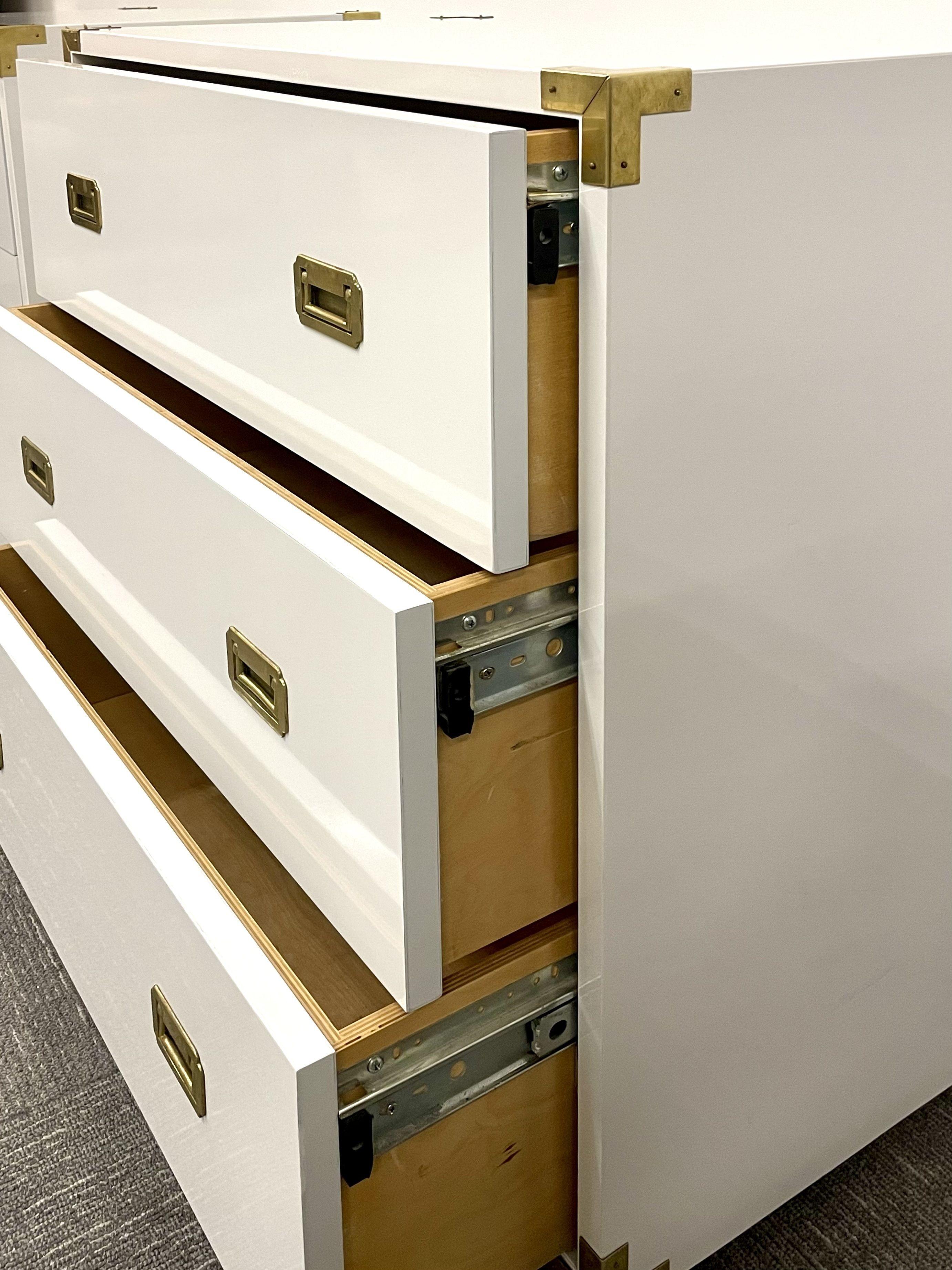 20th Century Pair Hollywood Regency Campaign Cabinets, Commodes, Nightstands, White Lacquer
