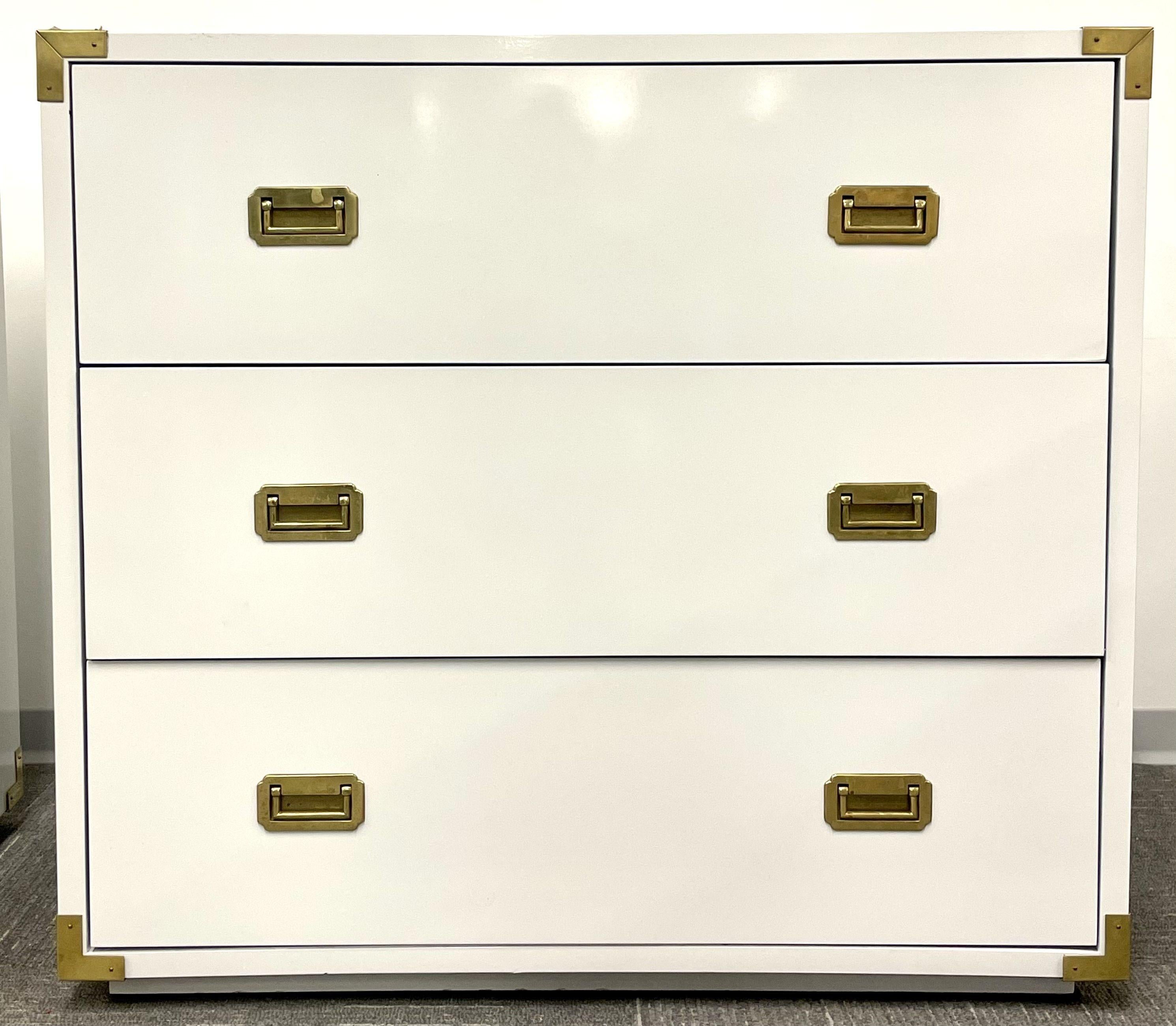 Wood Pair Hollywood Regency Campaign Cabinets, Commodes, Nightstands, White Lacquer