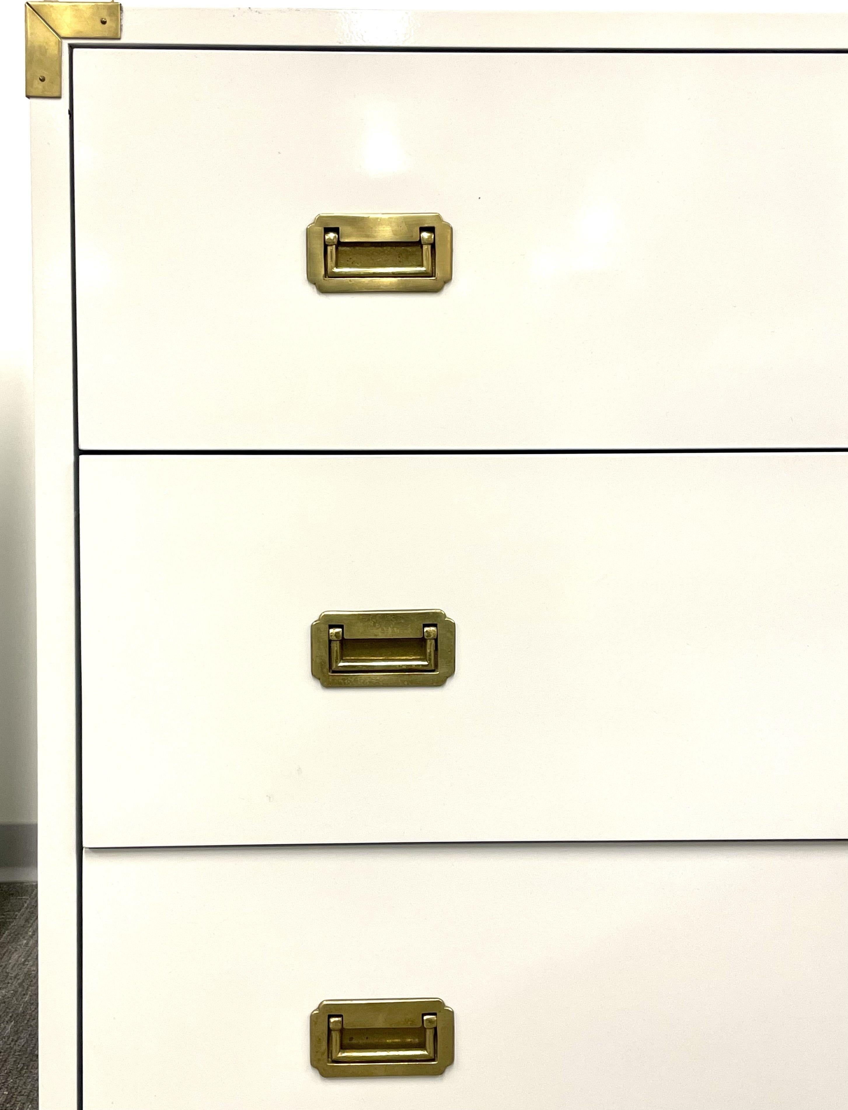 Pair Hollywood Regency Campaign Cabinets, Commodes, Nightstands, White Lacquer 1