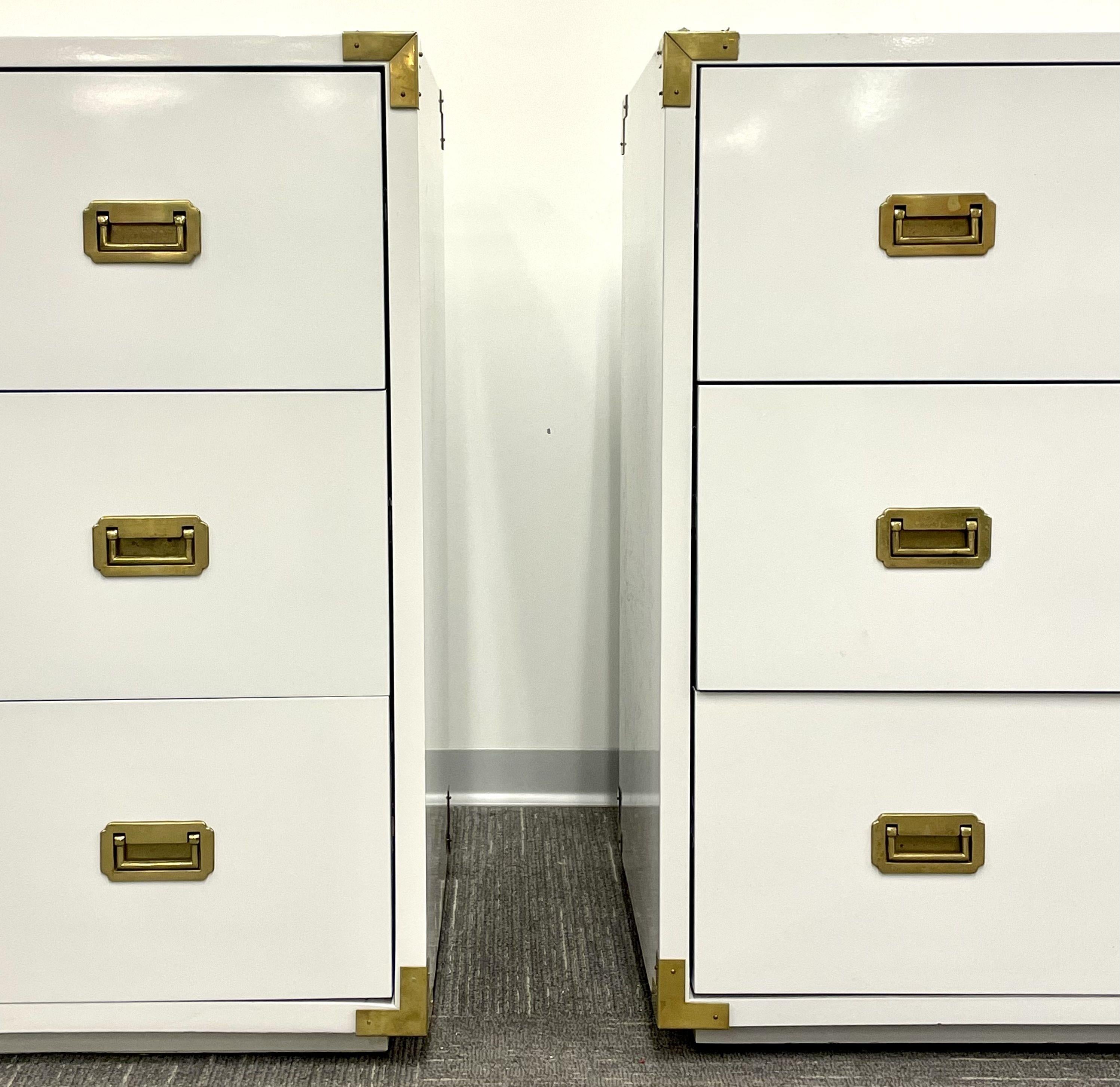 Pair Hollywood Regency Campaign Cabinets, Commodes, Nightstands, White Lacquer 2