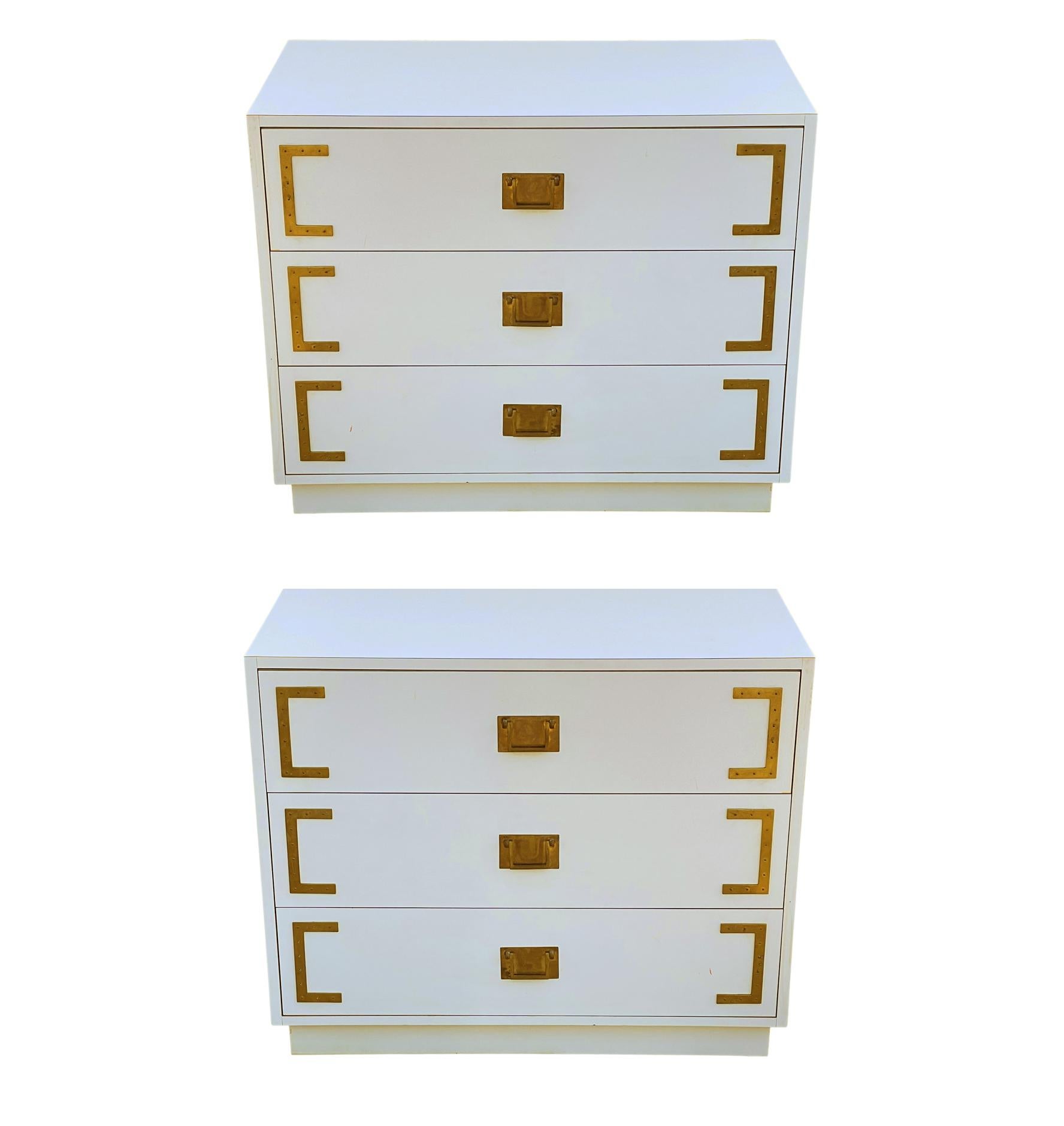 Pair Hollywood Regency Campaign Chests, Nightstands or Commodes in White & Brass For Sale 5