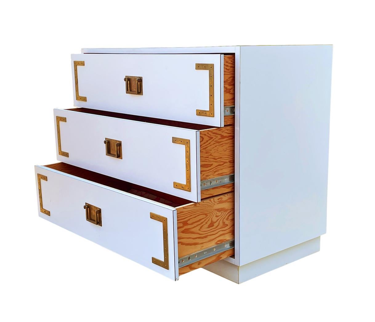 American Pair Hollywood Regency Campaign Chests, Nightstands or Commodes in White & Brass For Sale