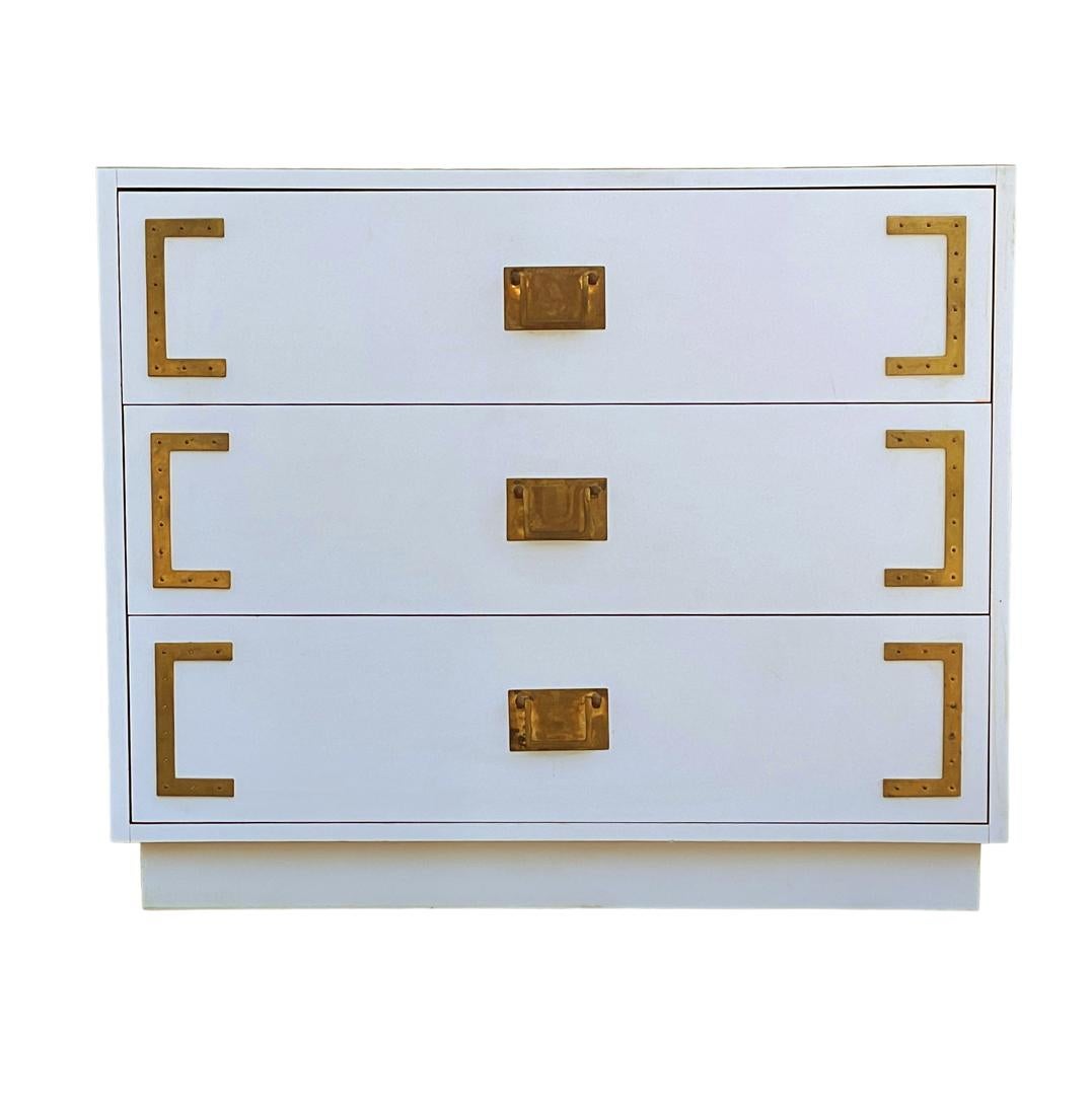 Late 20th Century Pair Hollywood Regency Campaign Chests, Nightstands or Commodes in White & Brass For Sale