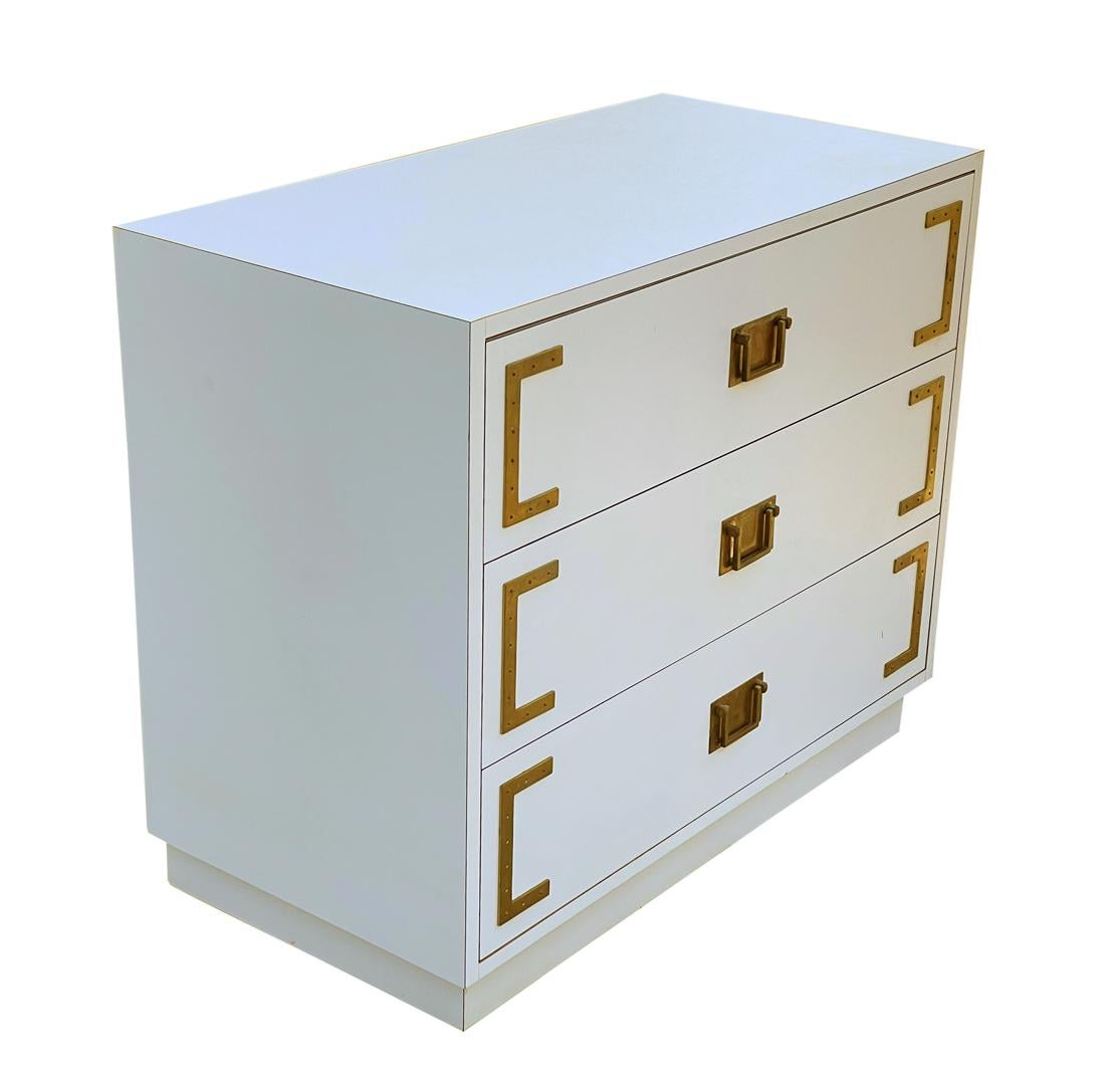 Pair Hollywood Regency Campaign Chests, Nightstands or Commodes in White & Brass For Sale 1