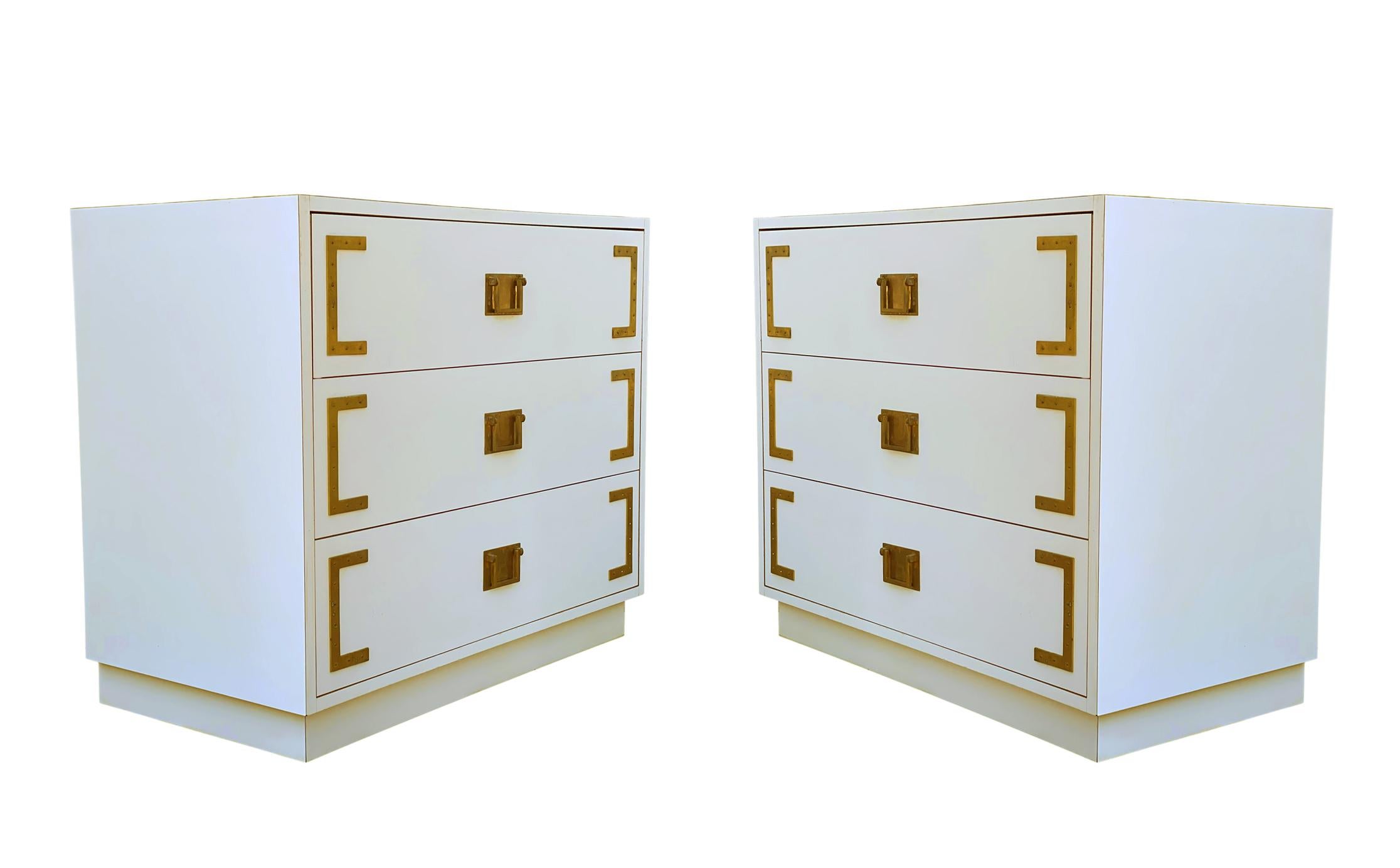 Pair Hollywood Regency Campaign Chests, Nightstands or Commodes in White & Brass For Sale 2