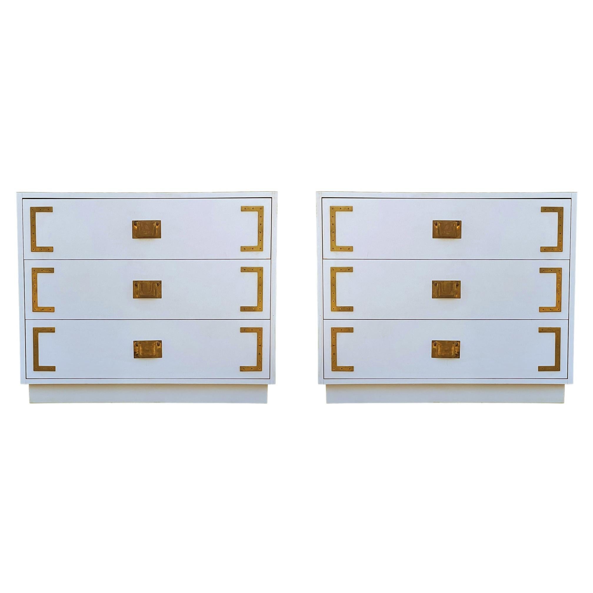 Pair Hollywood Regency Campaign Chests, Nightstands or Commodes in White & Brass