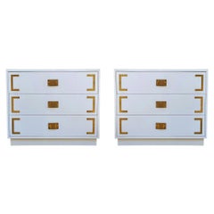 Pair Hollywood Regency Campaign Chests, Nightstands or Commodes in White & Brass