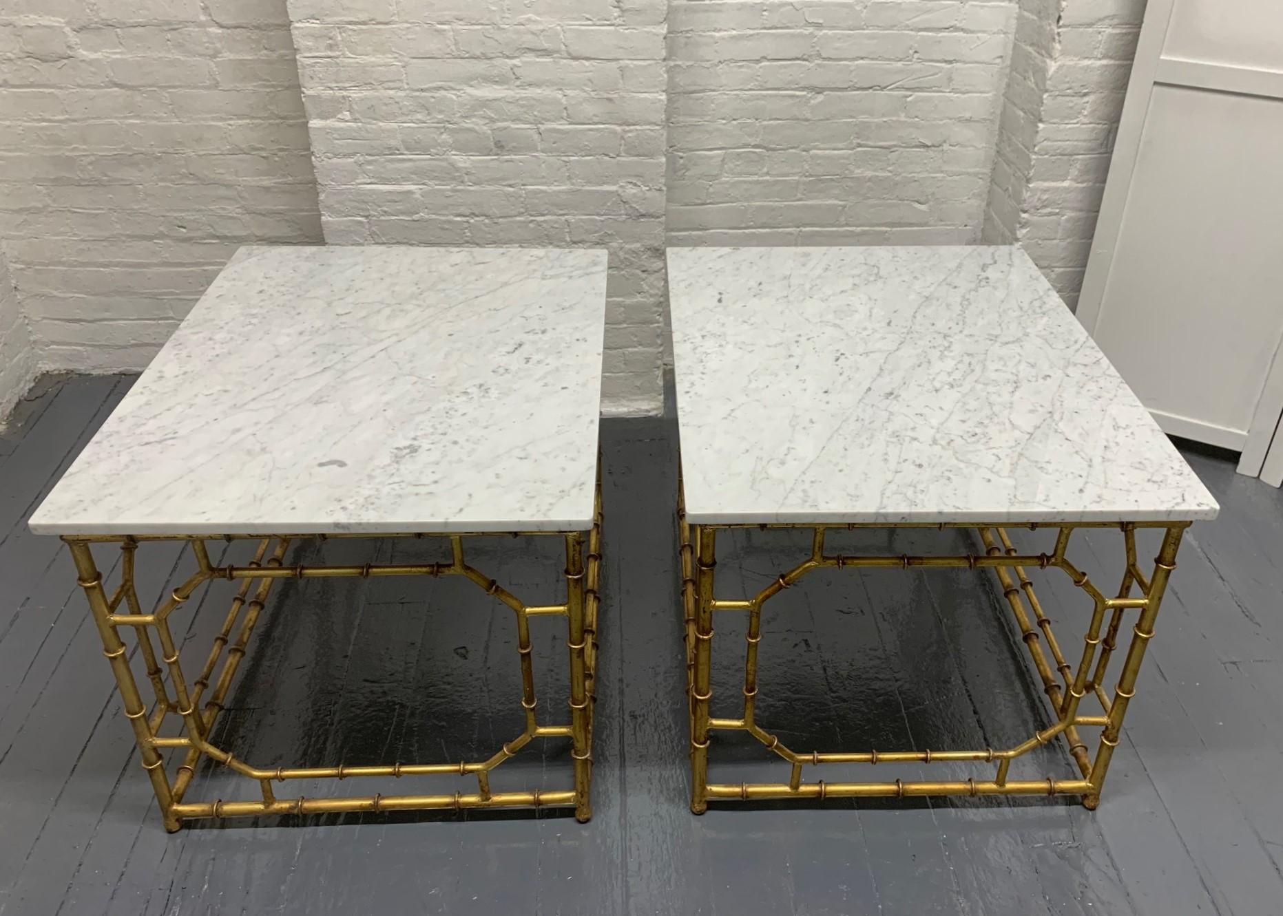 Gilt Pair of Hollywood Regency Carrara Marble-Top Faux Bamboo Tables For Sale