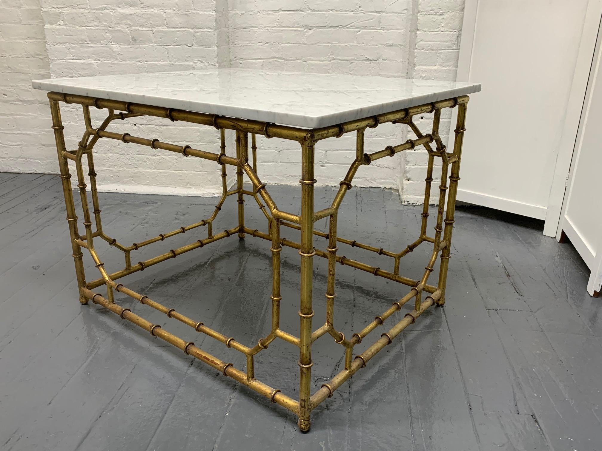 Pair of Hollywood Regency Carrara Marble-Top Faux Bamboo Tables In Good Condition For Sale In New York, NY