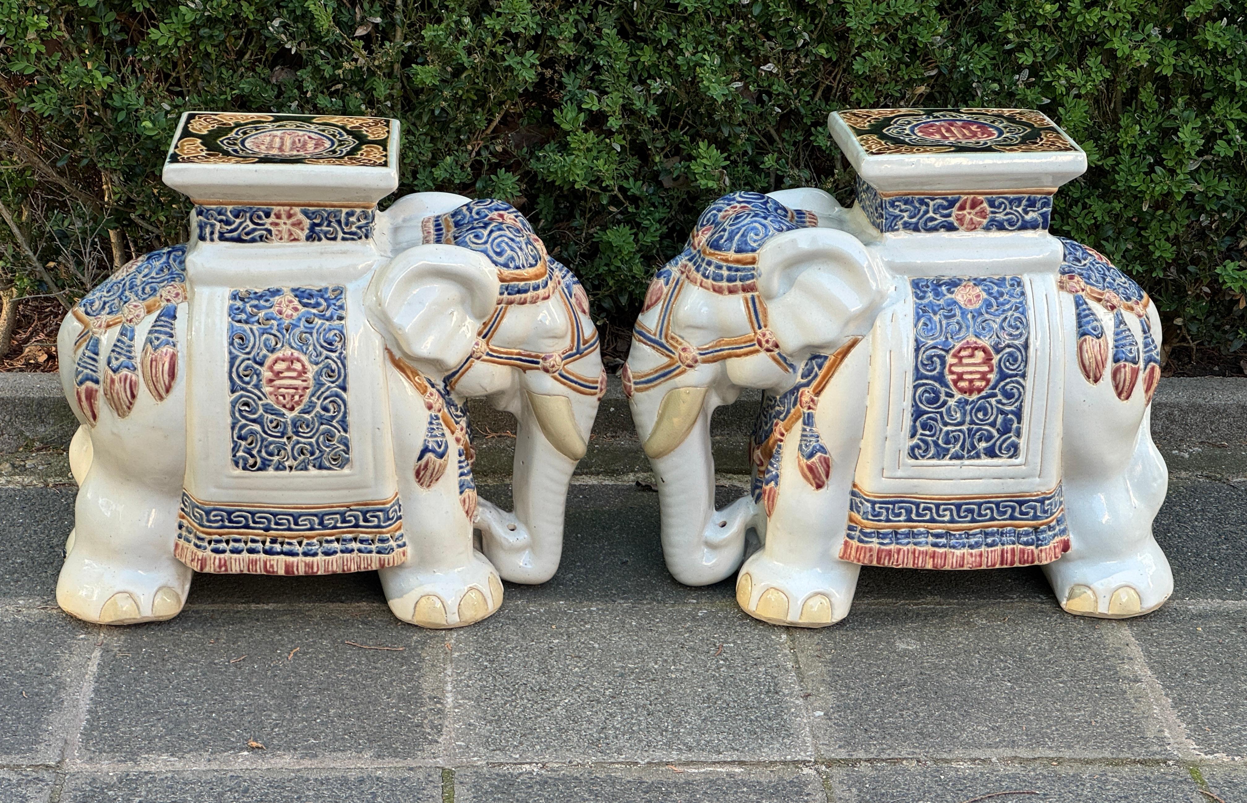 Pair Hollywood Regency Chinese Colored Elephant Garden Plant Stand or Seat For Sale 7