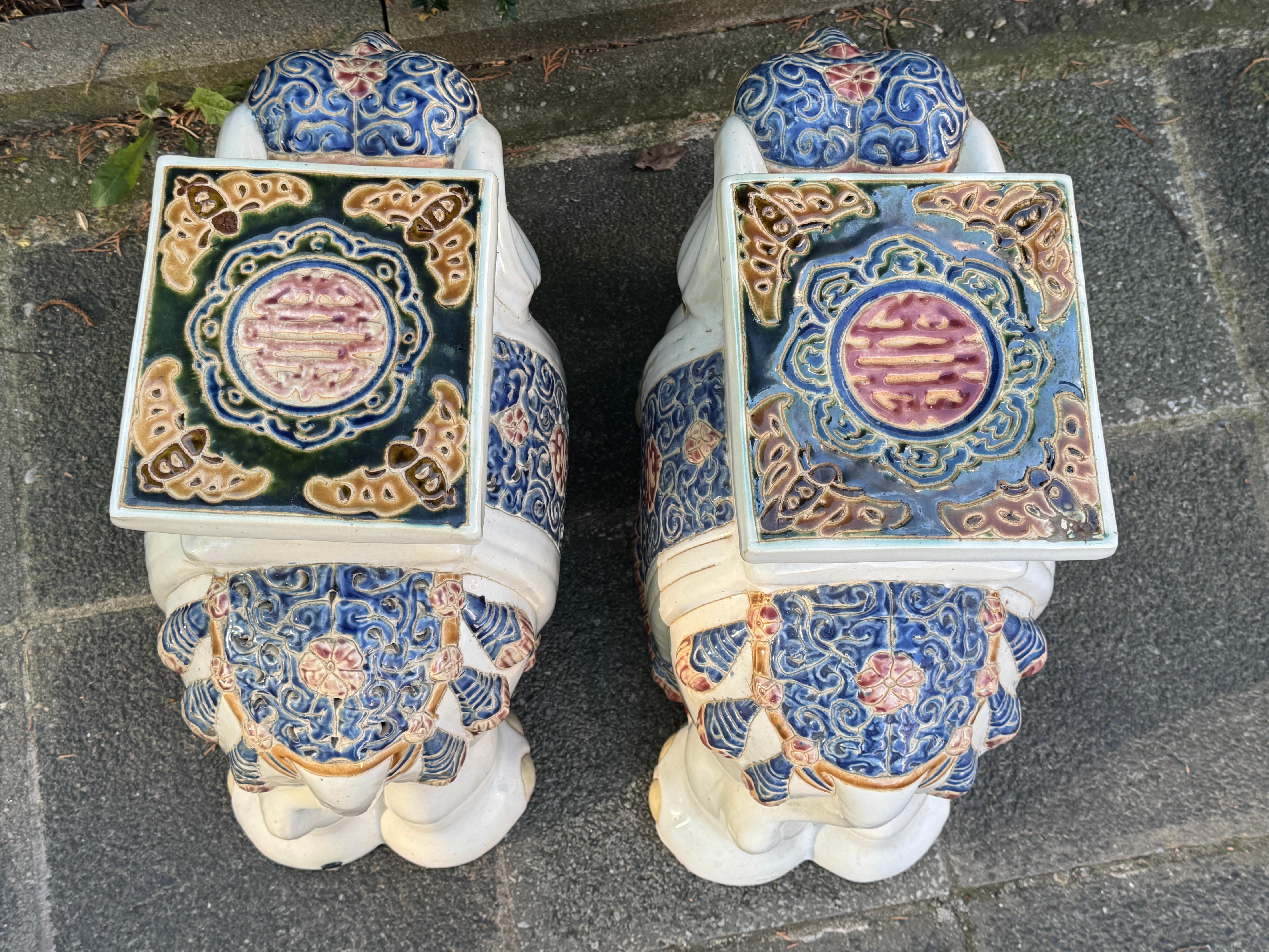 Pair Hollywood Regency Chinese Colored Elephant Garden Plant Stand or Seat For Sale 8