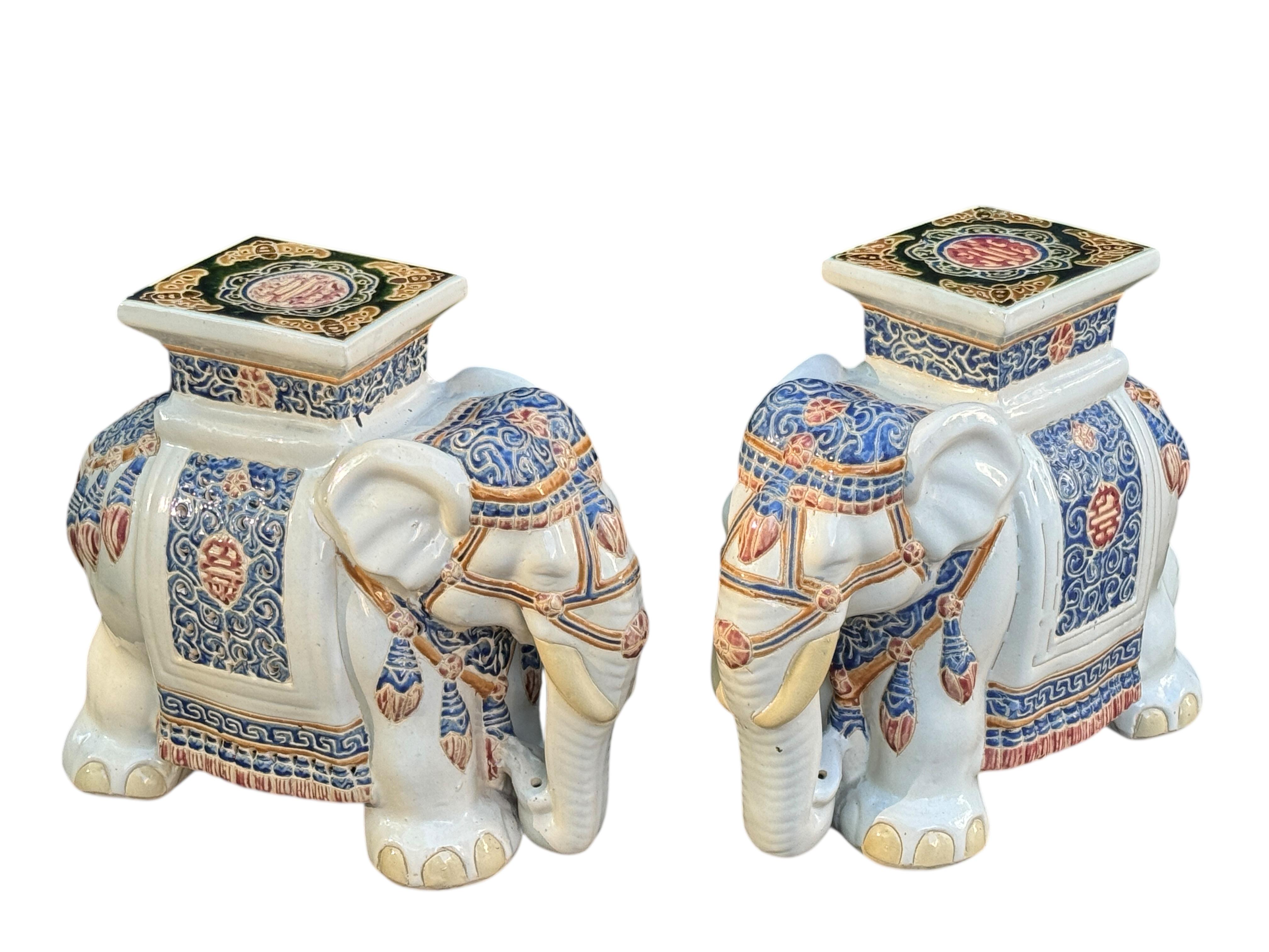 German Pair Hollywood Regency Chinese Colored Elephant Garden Plant Stand or Seat For Sale
