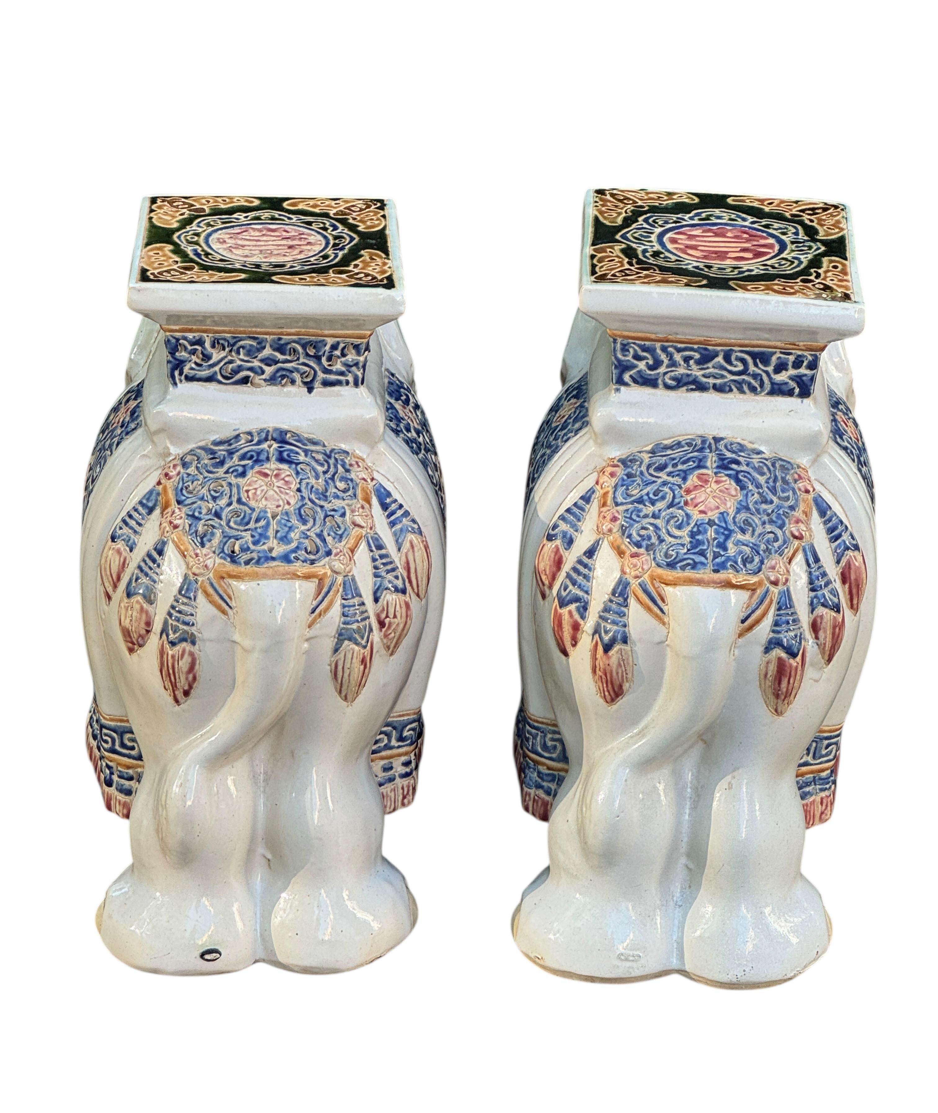 Mid-20th Century Pair Hollywood Regency Chinese Colored Elephant Garden Plant Stand or Seat For Sale