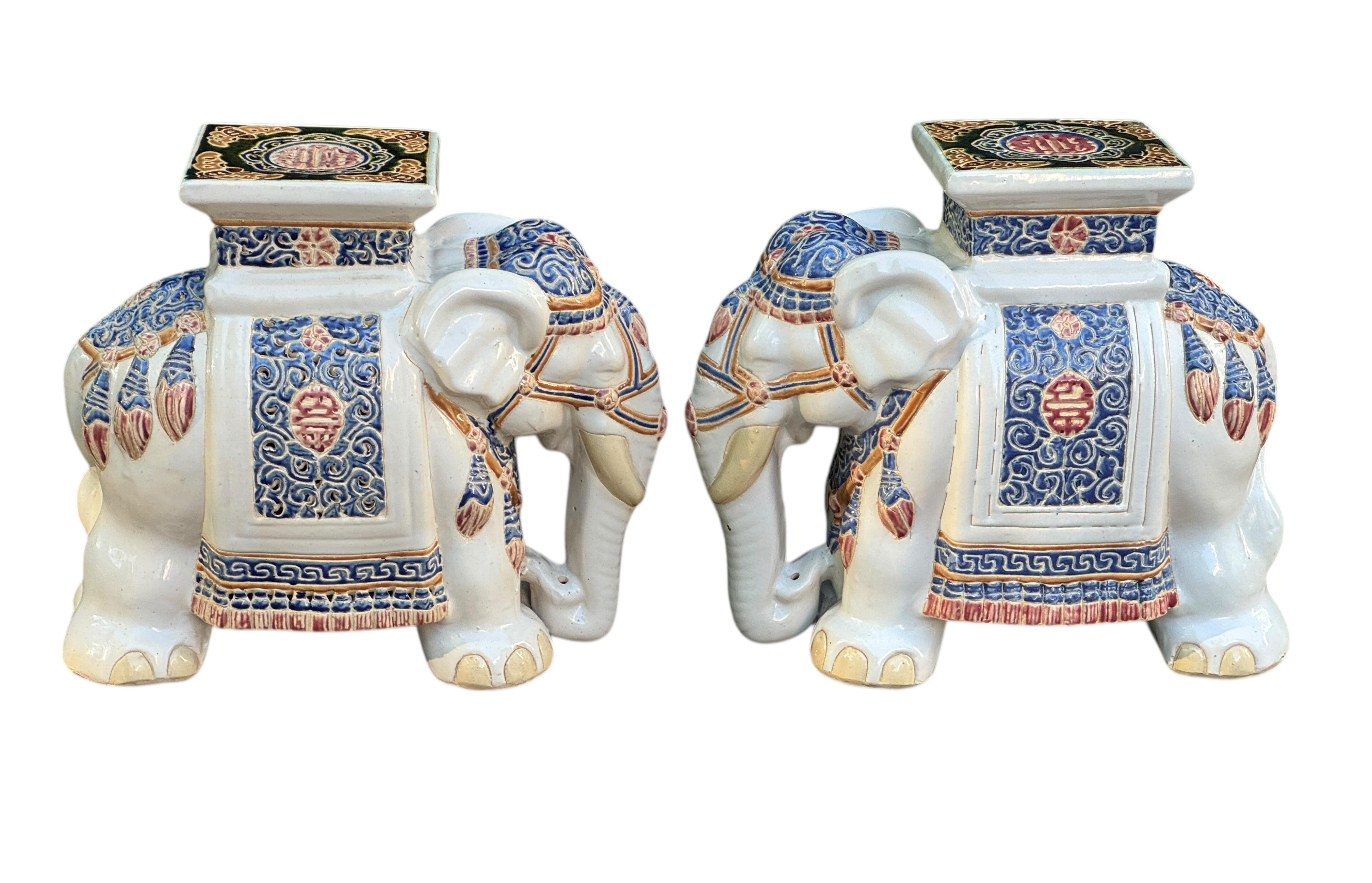 Ceramic Pair Hollywood Regency Chinese Colored Elephant Garden Plant Stand or Seat For Sale