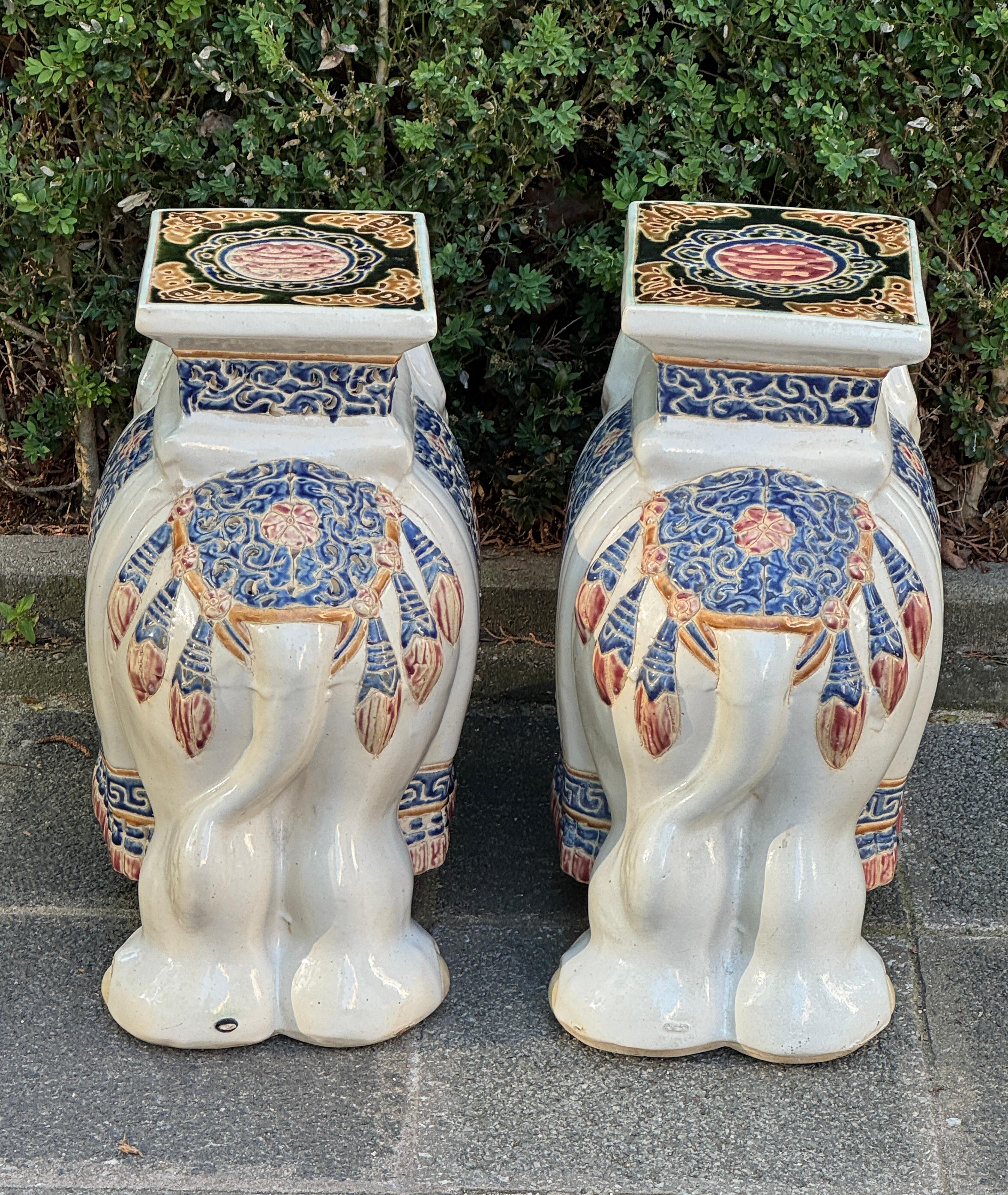 Pair Hollywood Regency Chinese Colored Elephant Garden Plant Stand or Seat For Sale 3