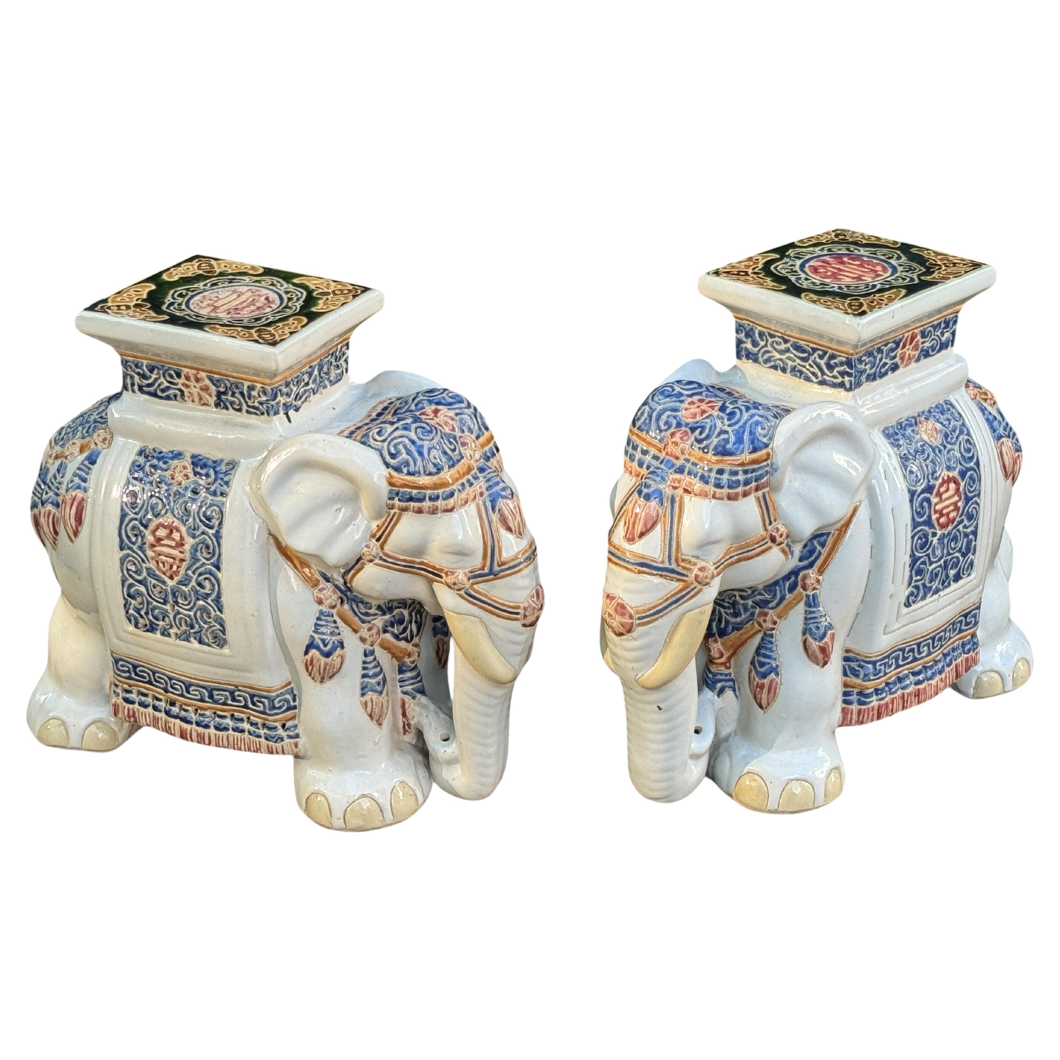 Pair Hollywood Regency Chinese Colored Elephant Garden Plant Stand or Seat