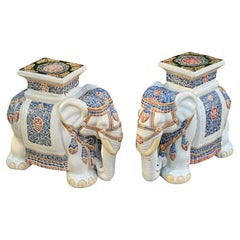 Pair Hollywood Regency Chinese Colored Elephant Garden Plant Stand or Seat