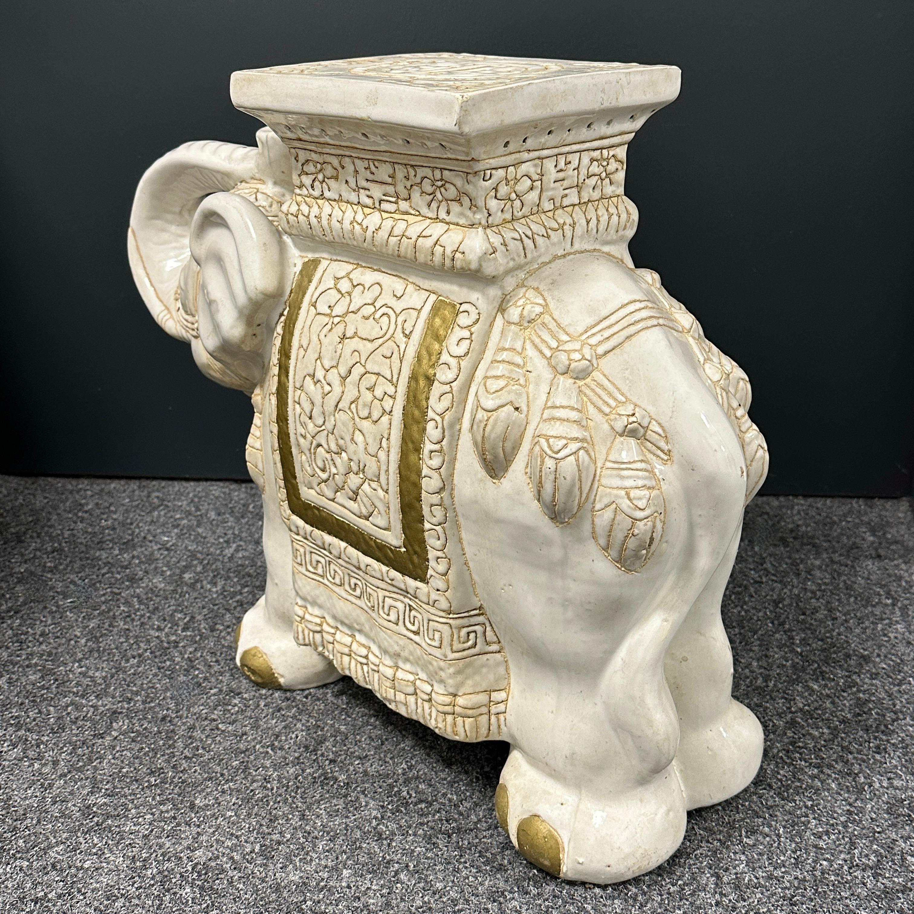 Pair Hollywood Regency Chinese Ivory Colored Elephant Garden Plant Stand or Seat For Sale 6
